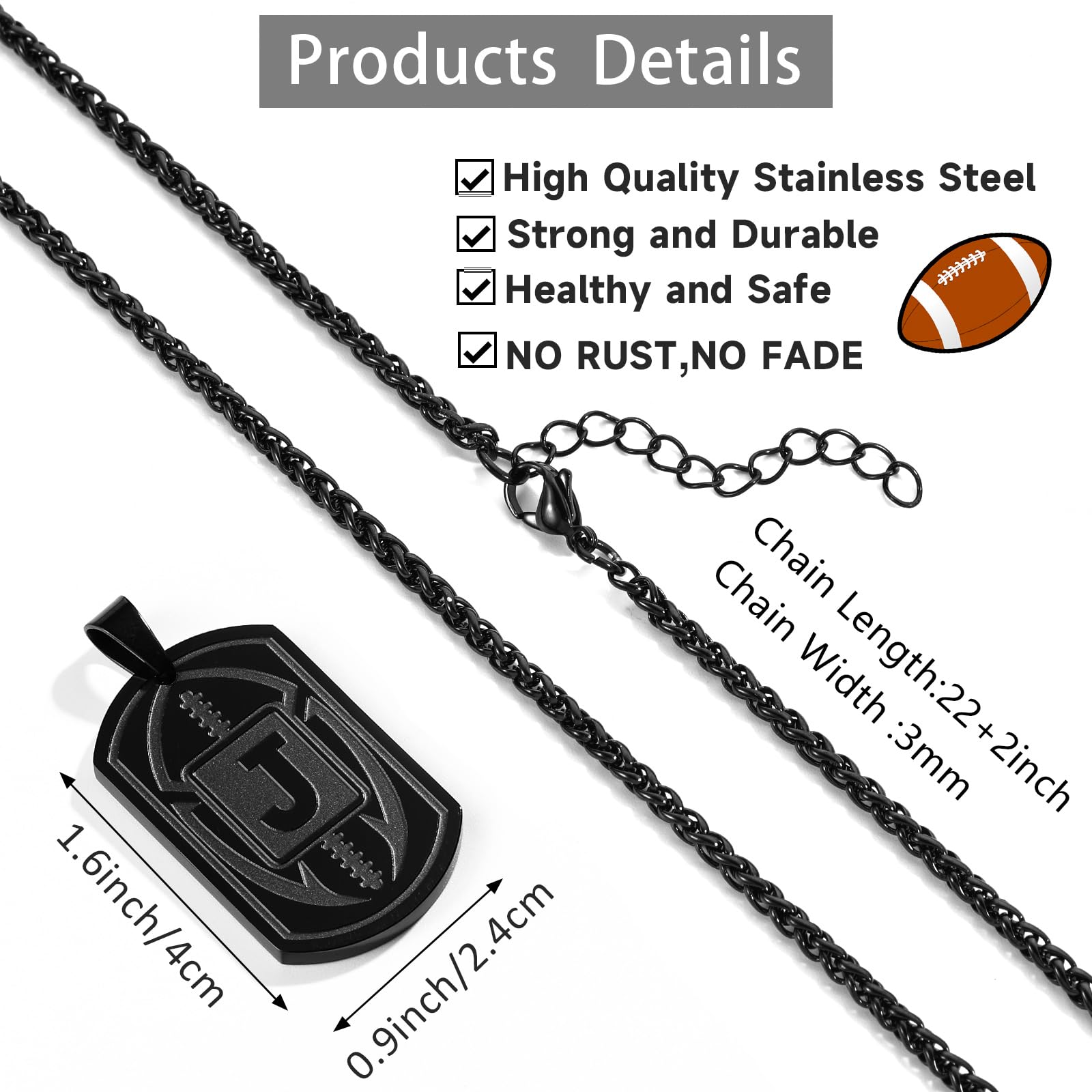 Fervia Football Initial Necklacefor Men Dog Tag Stainless Steel Black Letter Pendant Sport Football Athletes Jewelry Gifts for Men Boyfriend with 22+2 Inches Stainless Steel Chain(J)