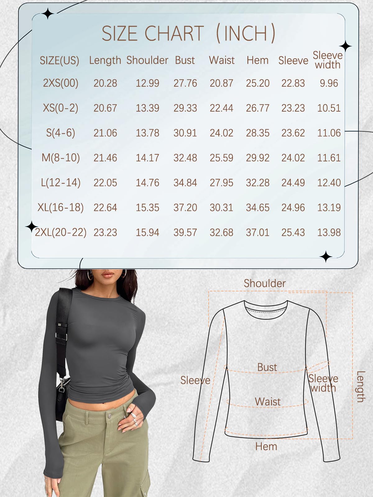 Trendy Queen Womens Long Sleeve Shirts Basic Crop Tops Tight Slim Fit Cute Teen Girls Fall Winter Y2k Clothes Coffee Grey M