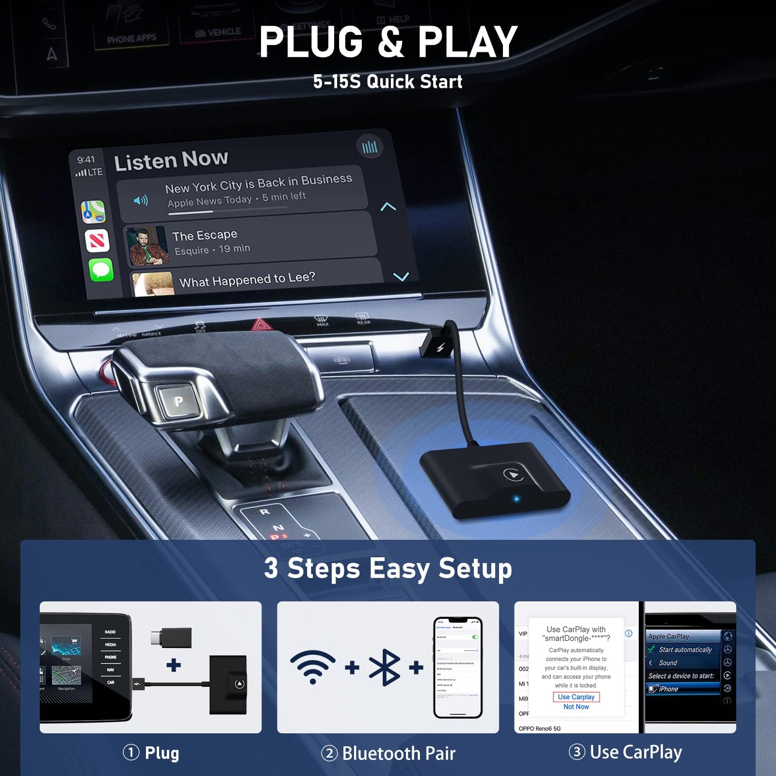 Teeran CarPlay Wireless Adapter for Factory Wired CarPlay 2024 Upgrade Plug & Play Dongle Converts Wired to Wireless for Cars from 2015 & iPhone iOS 10+