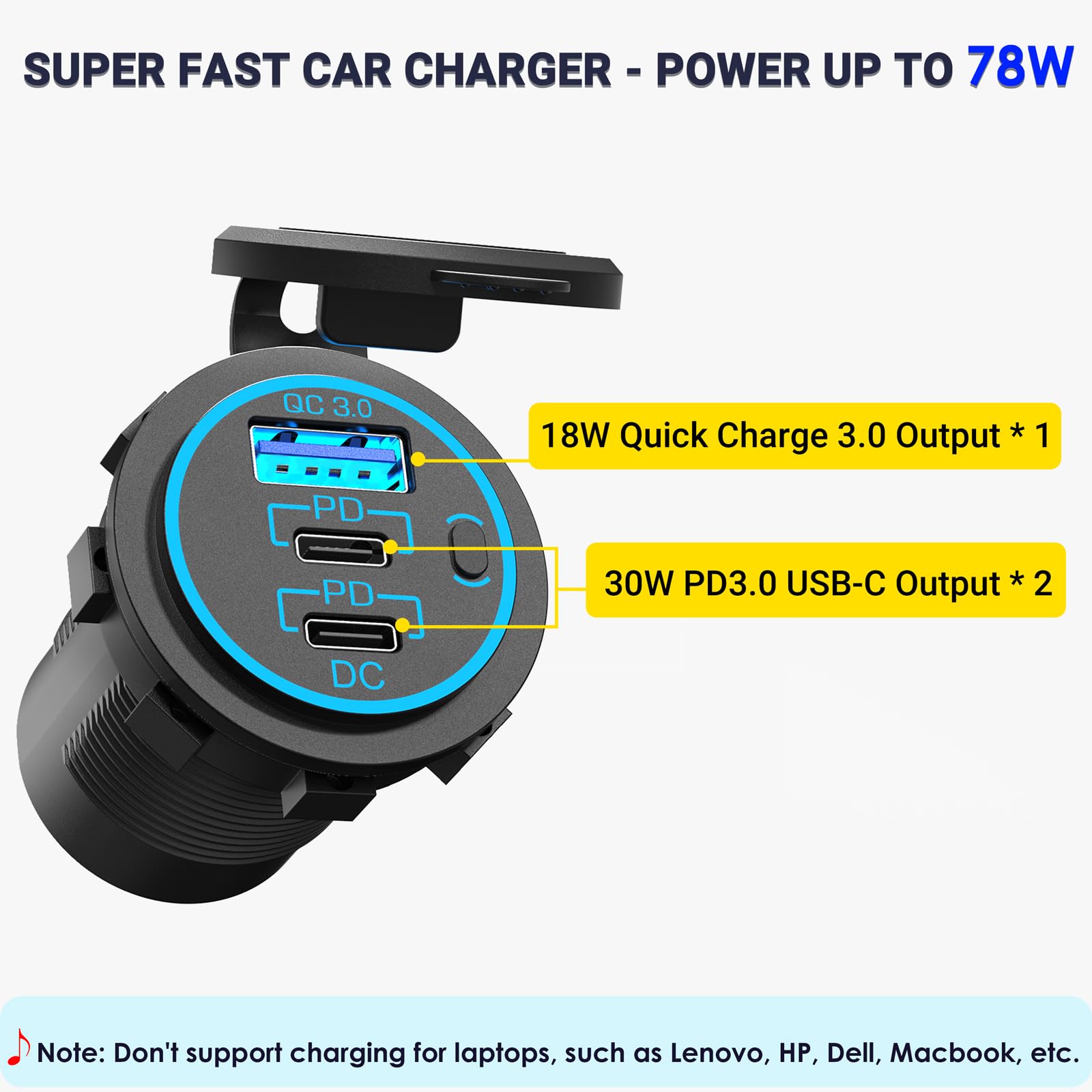 USB C Car Charger Socket 12V USB Outlet 2 Pack,78W RV USB Outlet Dual 30W PD USB-C and 18W QC3.0 Car USB Port with Button Switch Waterproof for Car RV Boat Marine Truck Motorcycle ect
