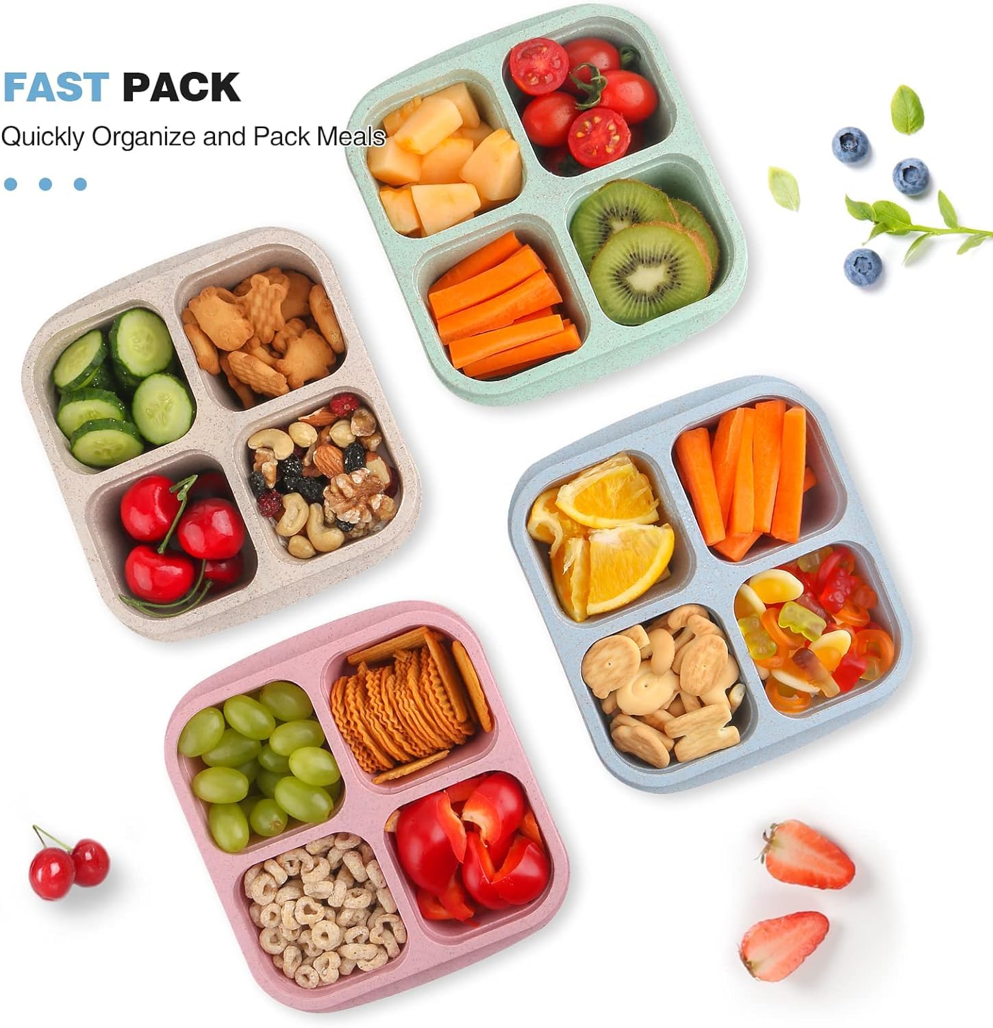 ozazuco 4 Pack Snack Containers, Divided Bento Snack Box, 4 Compartments Reusable Meal Prep Lunch Containers for Kids Adults, Food Storage Containers for School Work Travel