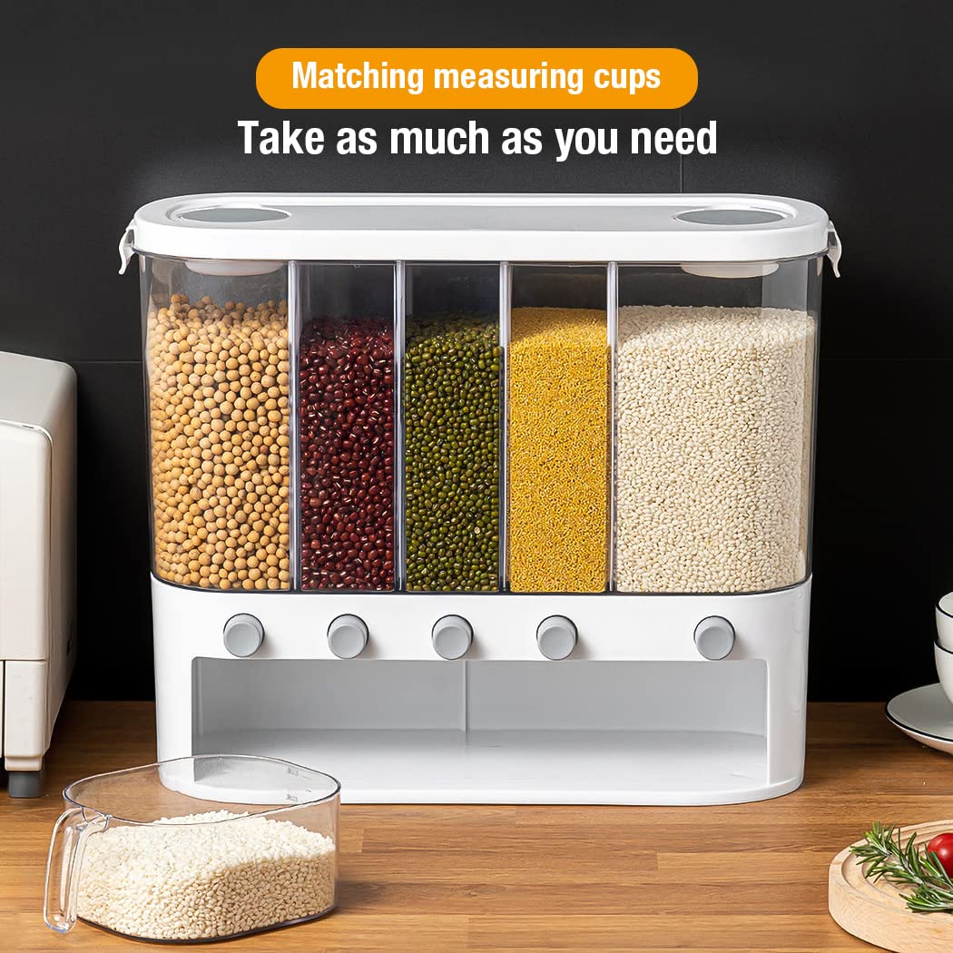 Conworld Dry Food Dispenser, Wall mounted 5 Grid Grain Dispenser, Rice Dispenser 25 Pounds Kitchen Storage with Measuring Cup, Not Suitable for Cereal, Cashews, Trail Mix, Suitable for Rice, Beans