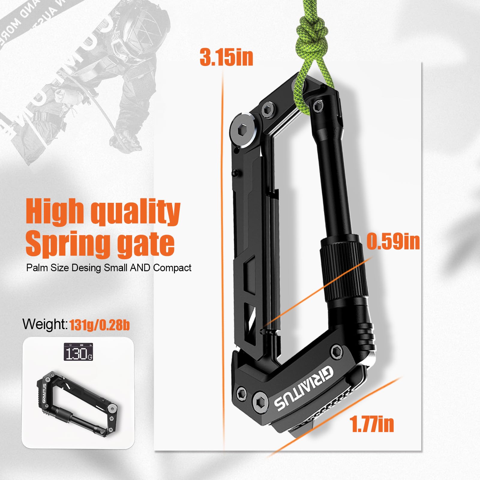 Carabiner Multitool 8-in-1 EDC Carabiners Pocket Knife, Serrated Knife, Rope Cutter, Screwdriver, Can Bottle Opener, Ruler, Survival Gear for Camping Climbing, Christmas Gifts for Men Women (Black)