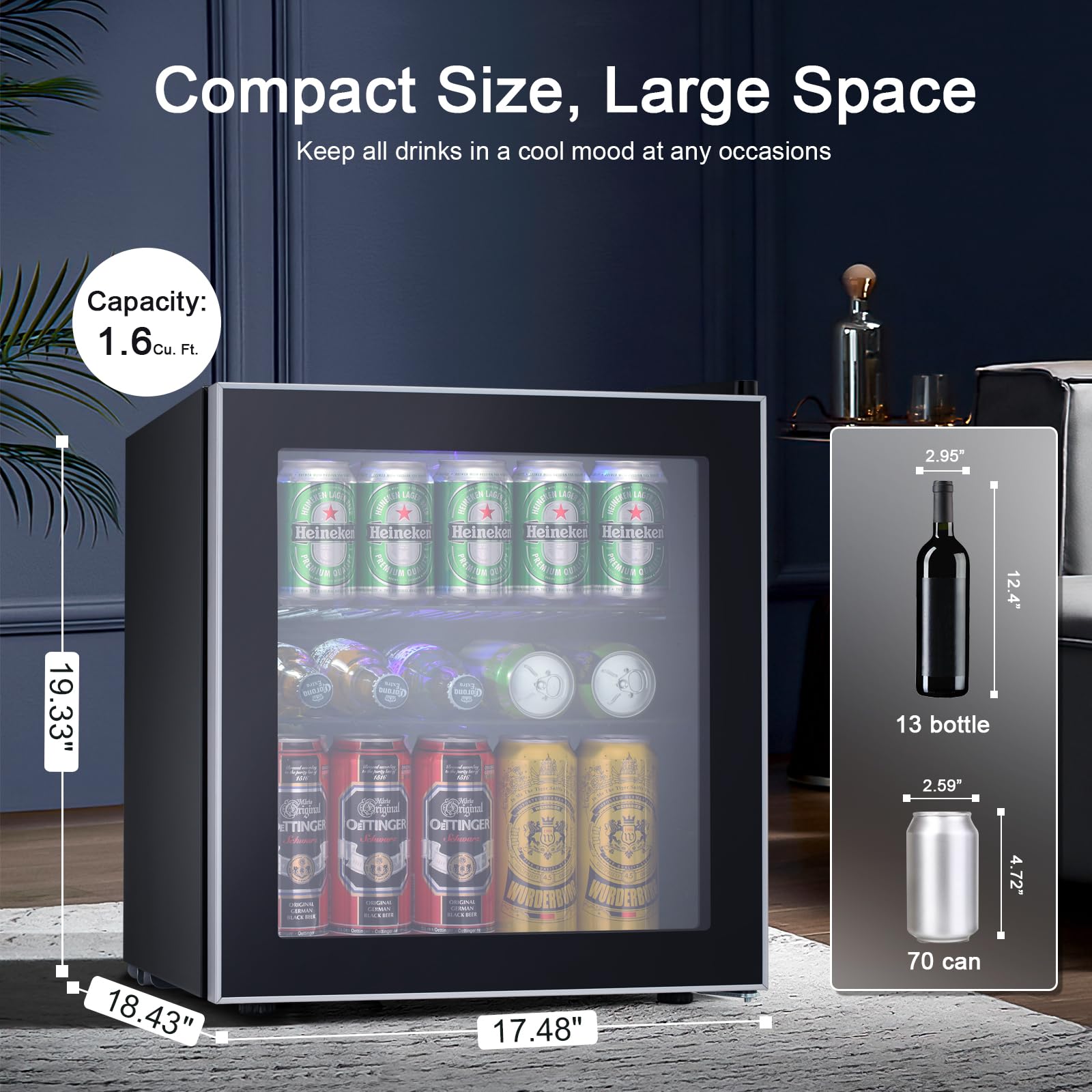 Antarctic Star Mini Fridge Cooler - 60 Can Beverage Refrigerator Glass Door for Beer Soda or Wine –Small Drink Dispenser Machine Removable for Home, Office or Bar, 1.6cu.ft.