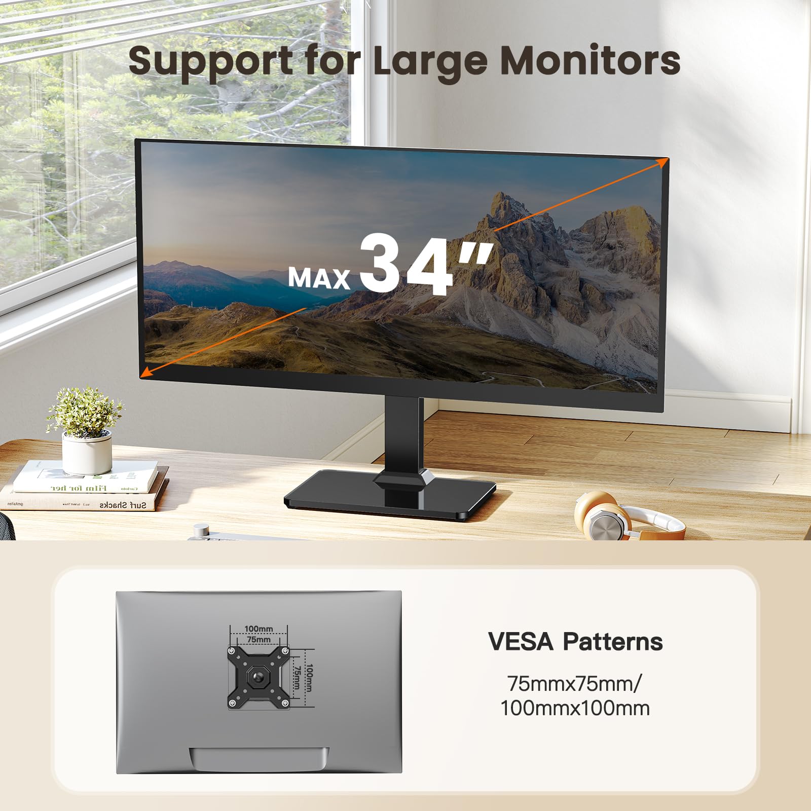 ErGear Single Monitor Stand for 13-34 inch Screens up to 44 lbs, Free-Standing Monitor Riser with 5 Height Settings, Tabletop Monitor Stand with Tempered Glass Base, Max VESA 100x100mm, EGTVS29