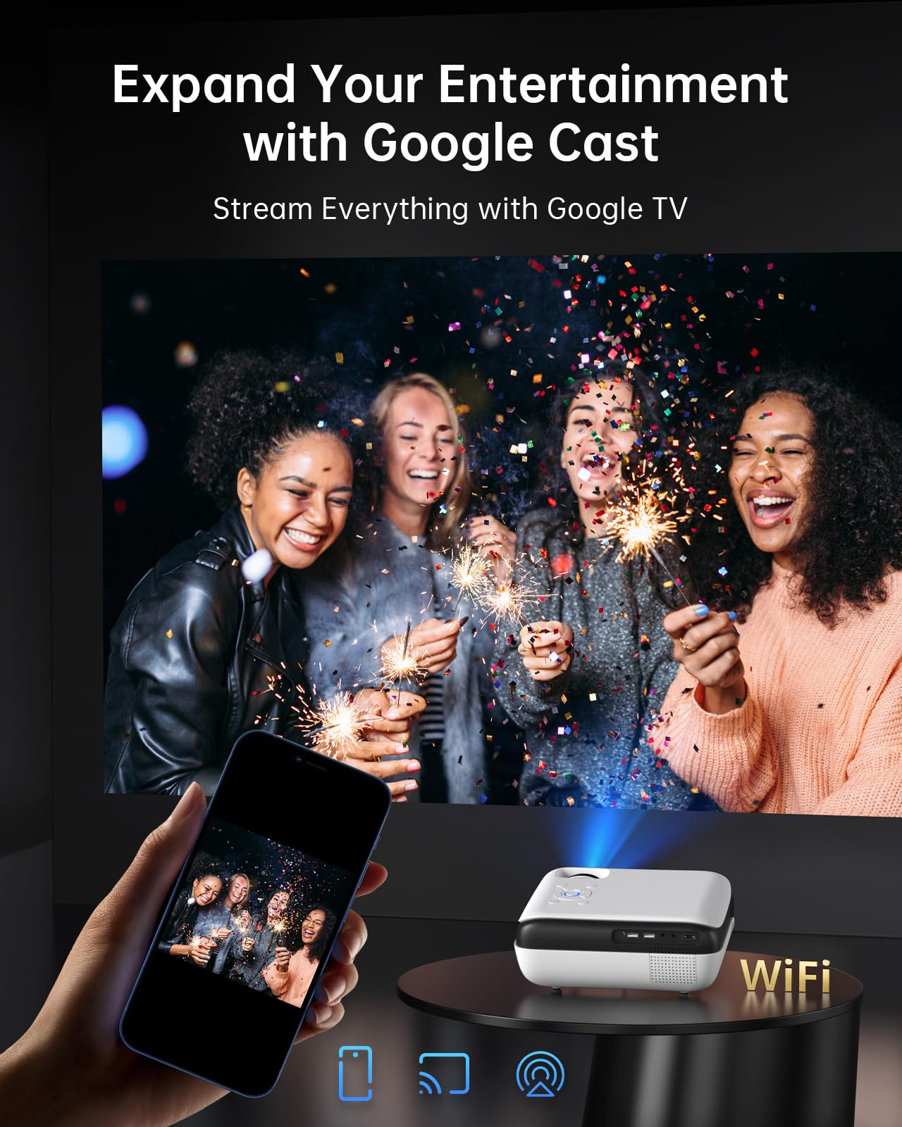 HAPPRUN Projector, Google TV Projector with WiFi and Bluetooth, 4K Support, Netflix-Licensed, HDR 10+, Native 1080P Outdoor Movie Projector, Smart Home Theater Projector Support Google Cast & Airplay