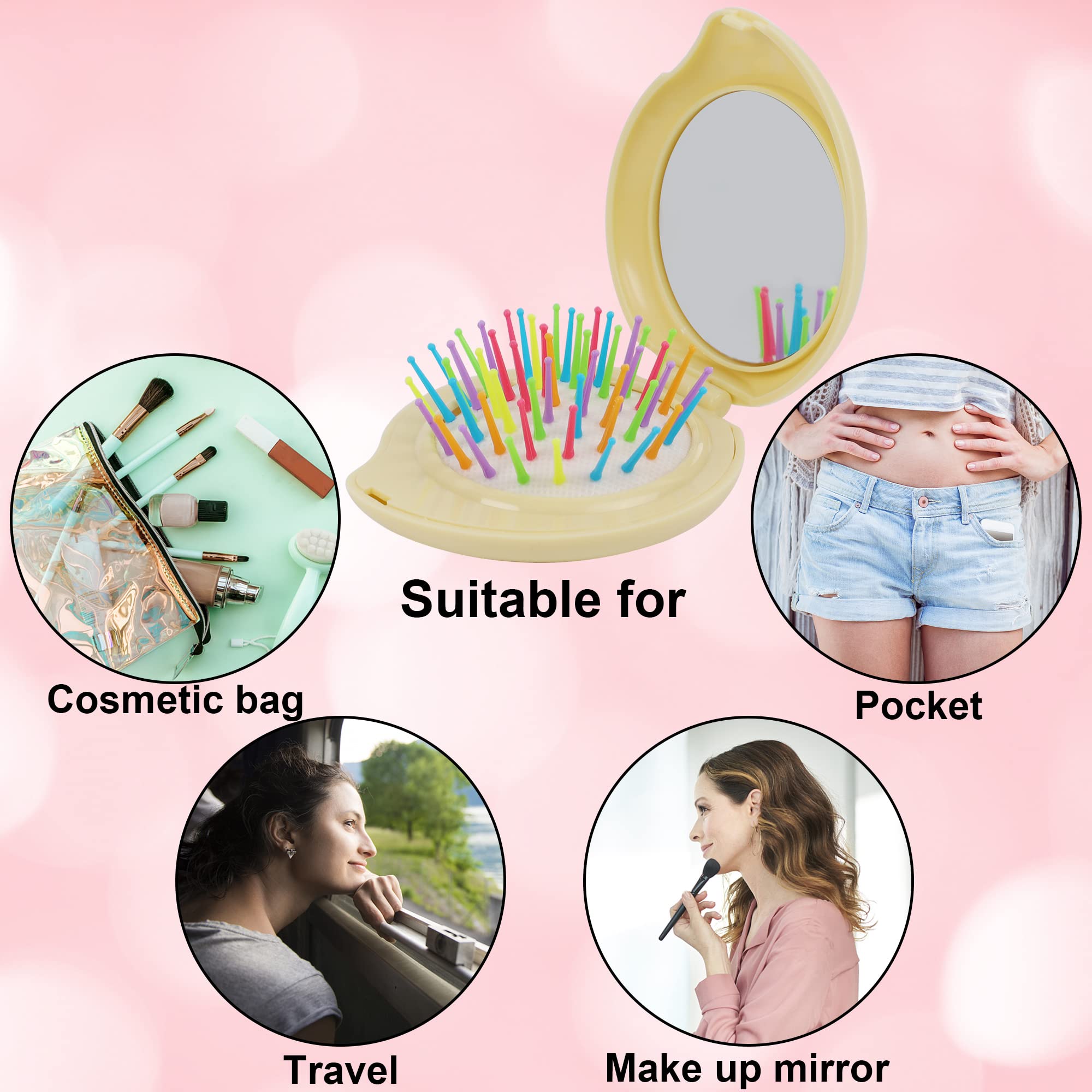 Happy Trees 6 Pcs Travel Hair Brush, Pocket Comb with Mini Mirror, Portable Compact Folding Hair Brushes, Comb and Brush Set for Women