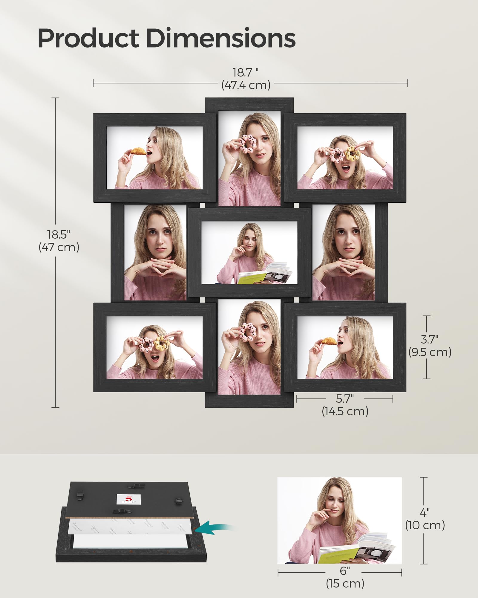 SONGMICS Collage Picture Frames, 4x6 Picture Frames Collage for Wall Decor, 9 Pack Photo Collage Frame for Gallery, Multi Family Picture Frame Set, Glass Front, Assembly Required, Ink Black