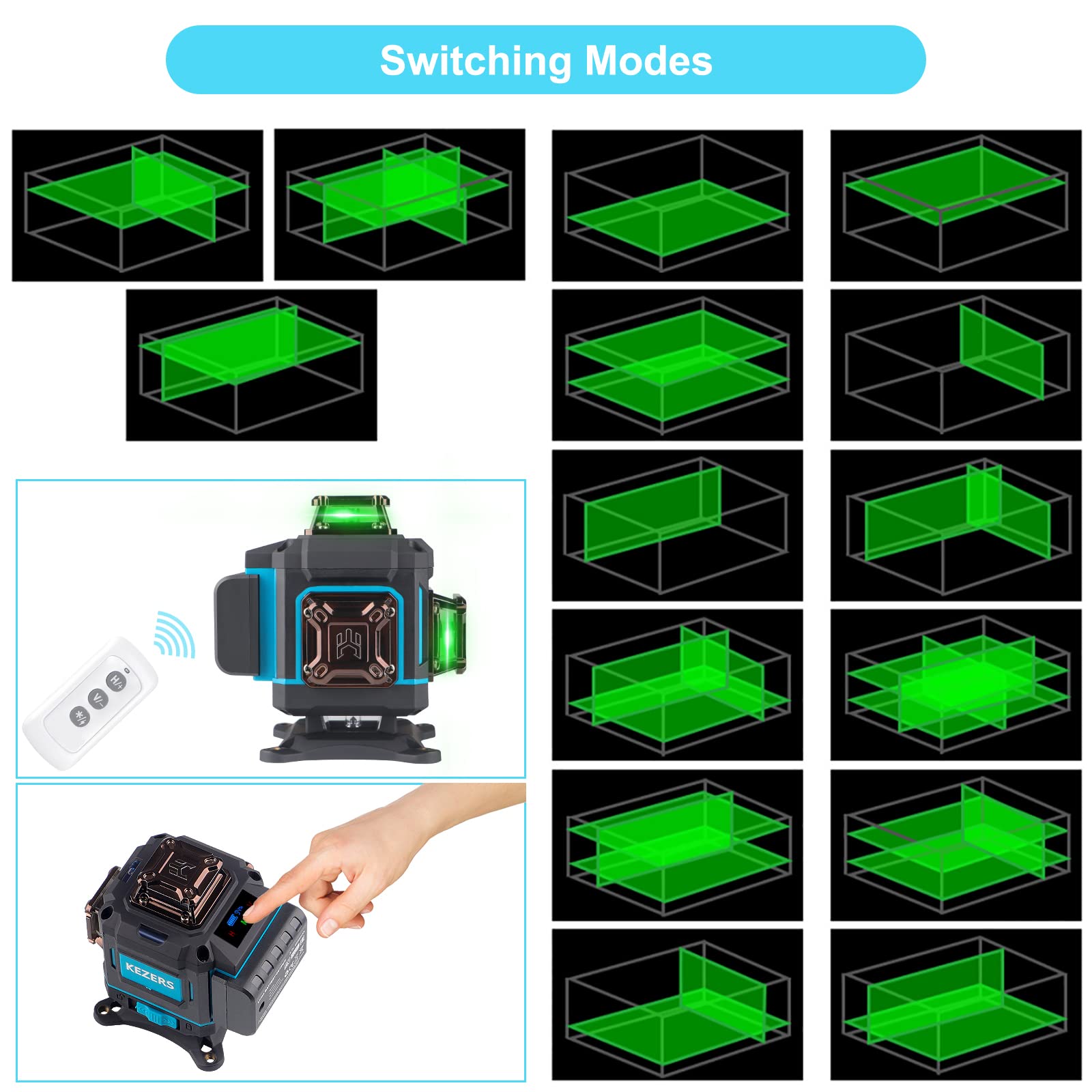 KEZERS Laser Level 360 Self Leveling,4 x 360 Laser Level with Screen Green Laser Level Line tool Leveling and Alignment Laser Tool with Pulse Mode for Construction and Picture Hanging,Remote Control