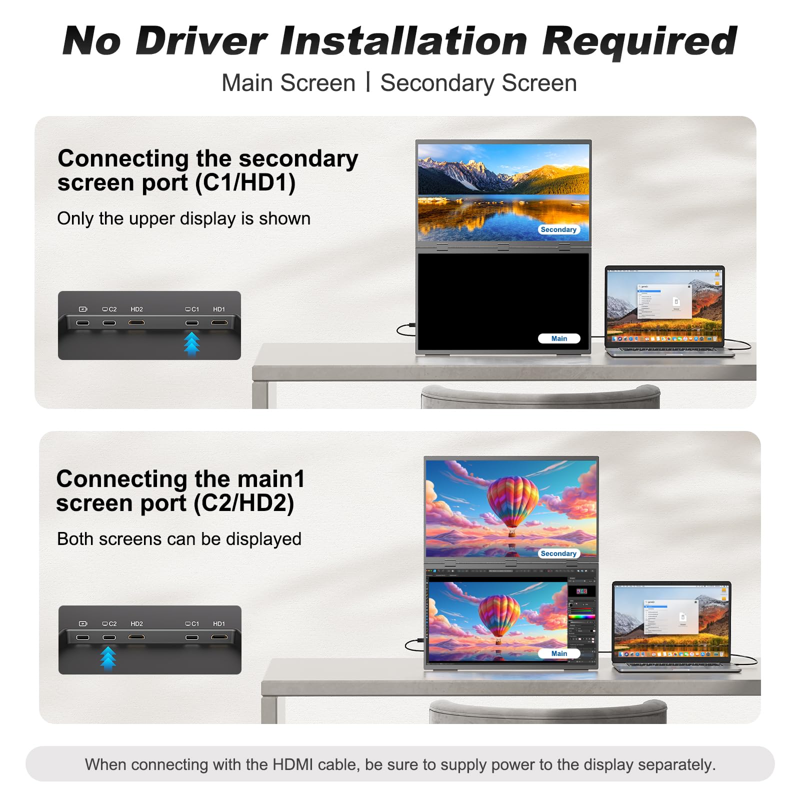 Triple Laptop Screen Extender, 18.5" 1080P FHD IPS Folding Stacked Dual Portable Monitor, USB-C Plug & Play Travel Extended Computer Display for Laptop PC Windows Mac w/Stand & VESA Mountable