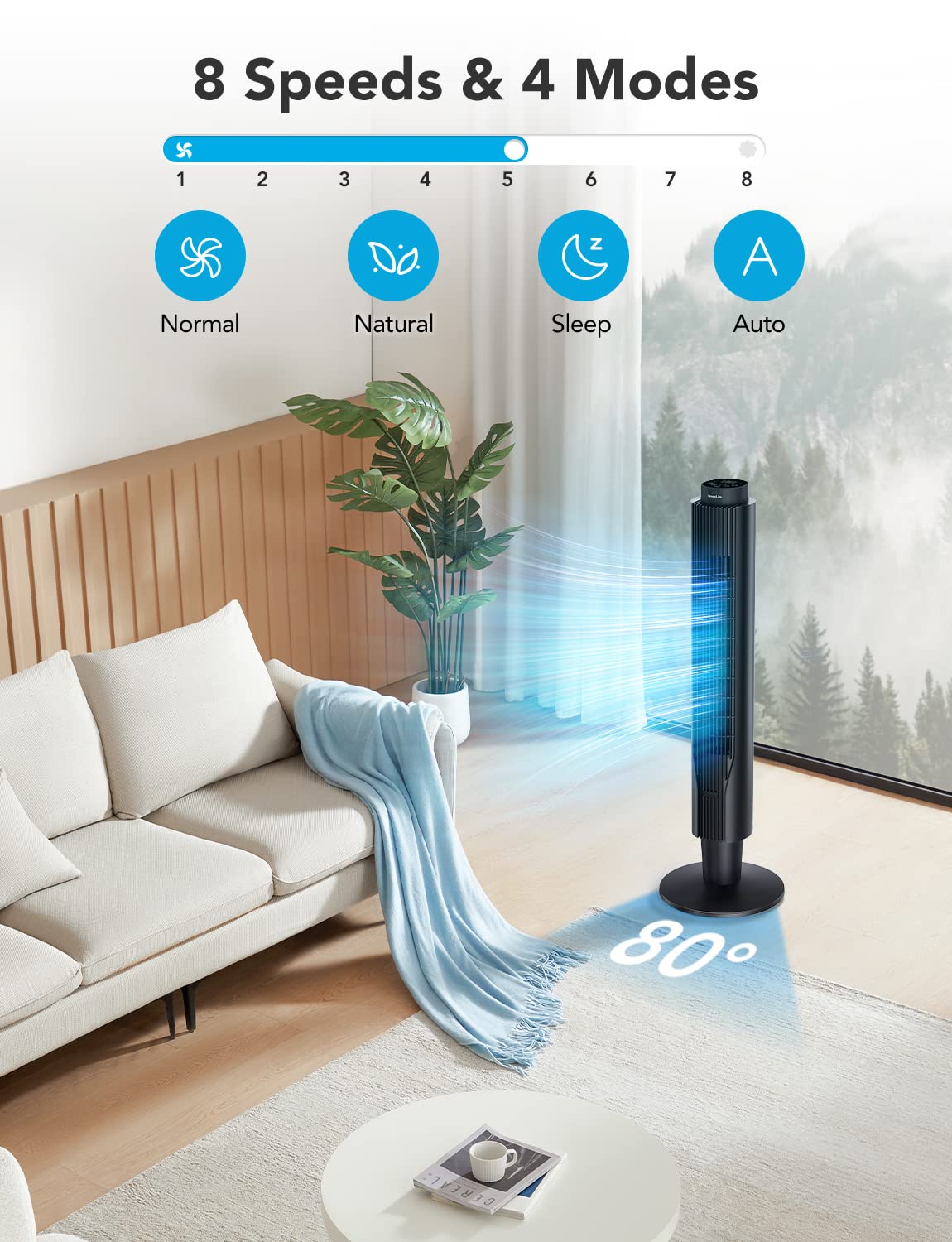 GoveeLife Smart Tower Fan 2023 Upgraded, 42 Inch WiFi with Aromatherapy and Temp Sensor, Oscillating 8 Speeds 4 Modes up to 25ft/s, 24H Timer Tower, 27dB Quiet Floor for Bedroom