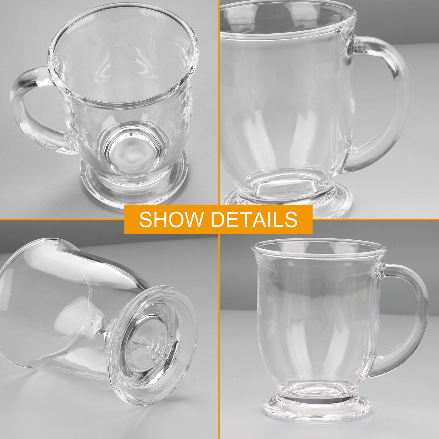 15oz/450ml Glass Coffee Mugs Clear Coffee Cups with Handles perfect for Latte, Cappuccino, Espresso Coffee, Tea and Hot Beverages, Set of 6