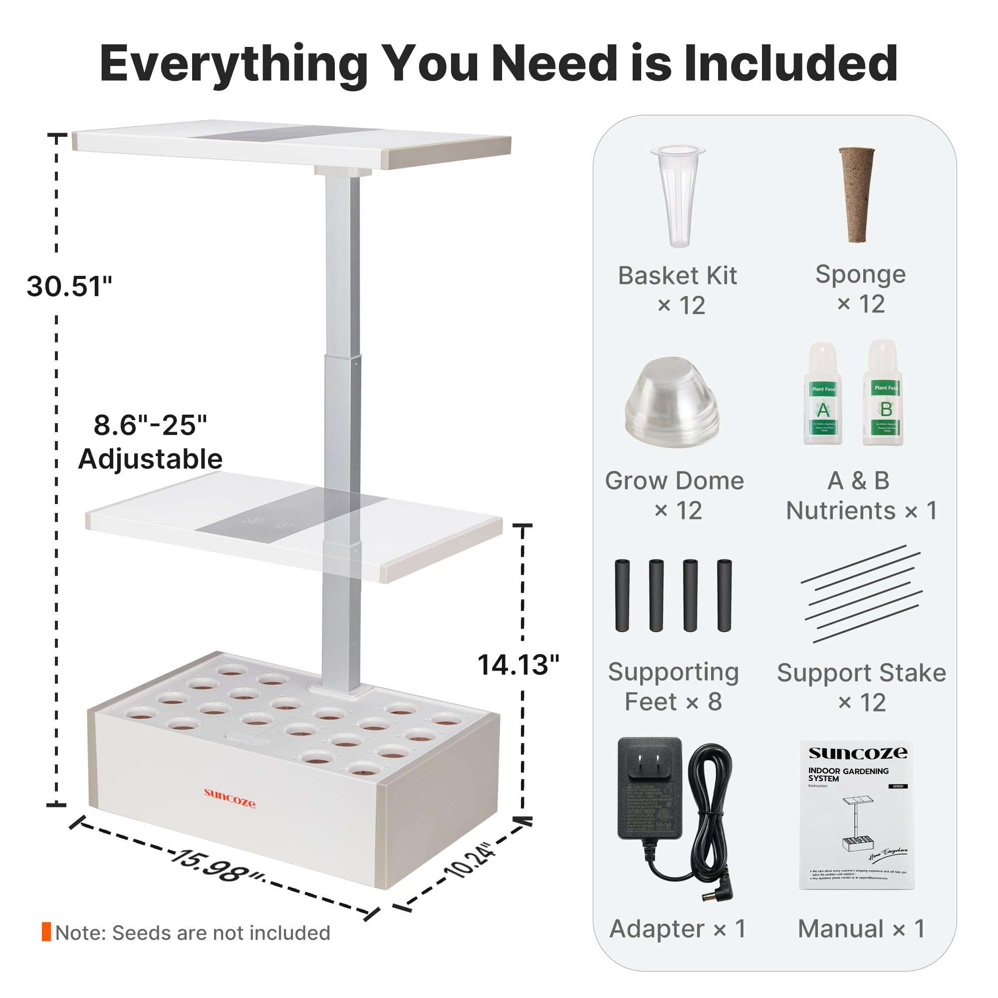 SUNCOZE Hydroponics Growing System Kit 20 Pods, Indoor Herb Garden with Grow Light 30W, 10L Large Water Tank with Adjustable Height to 25", Built-in Pump, Gardening Gifts White