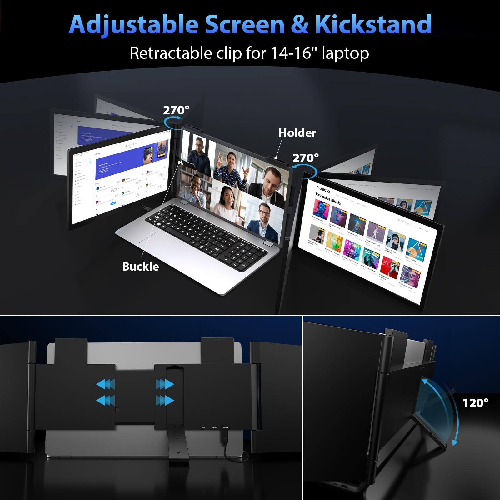 HotYeah Triple Laptop Screen Extender, 14'' Dual Portable Extended Monitor (Windows & macOS), Plug & Play, 1080P USB-C Travel Monitor w/Kickstand, Tri Screen Monitor for 14-16'' Laptop