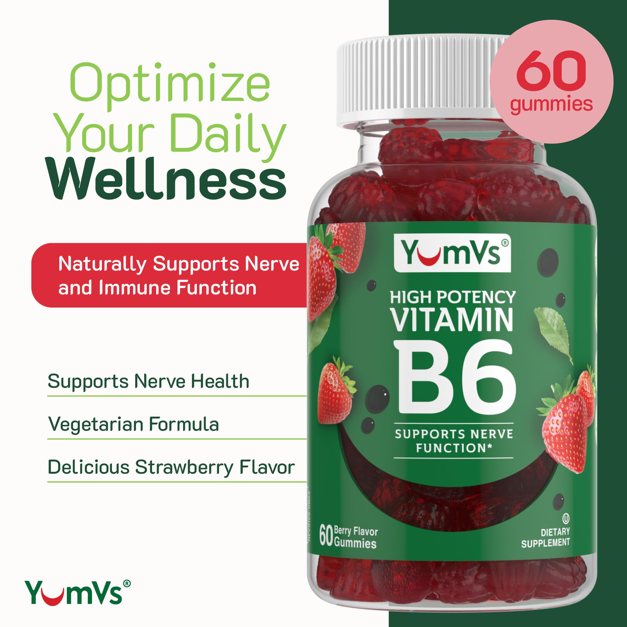 YUM-V'S Vitamin B6 Gummies - High Potency Vitamin B6 100mg - Strawberry Flavor B6 Vitamins Gummies - Nerve & Immune Function, Non GMO Kosher, 60 Count