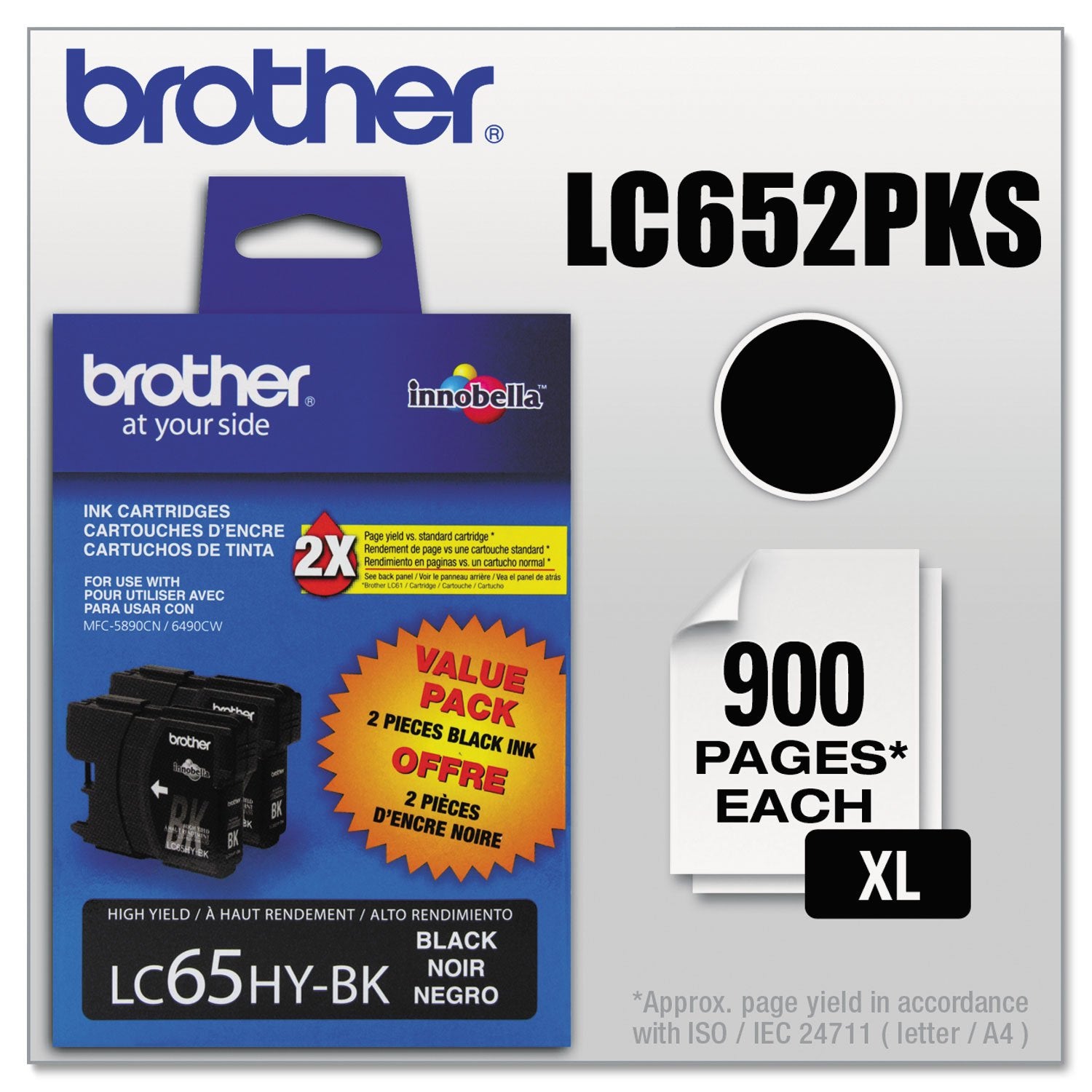 Brother LC65HYBK2 High-Yield 2-Pack -Ink Cartridge, 900 Page-Yield, Black