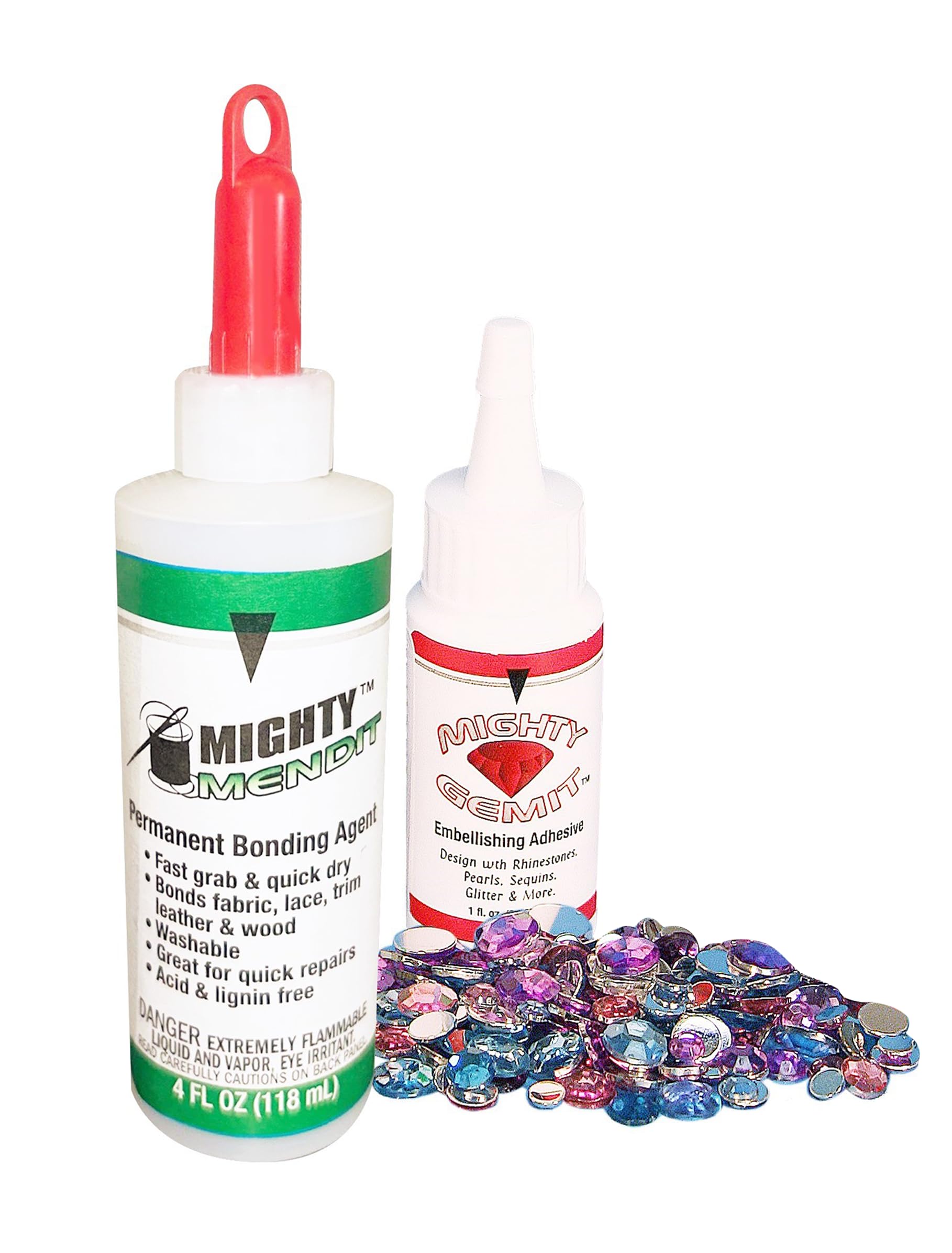 Mighty MENDIT™, Permanent Fabric Adhesive, Flexible Stretchable Washable, Clear, 4 oz, Plus Mighty GEMIT™, Embellishing Adhesive, 1 oz. Includes 50 Gems