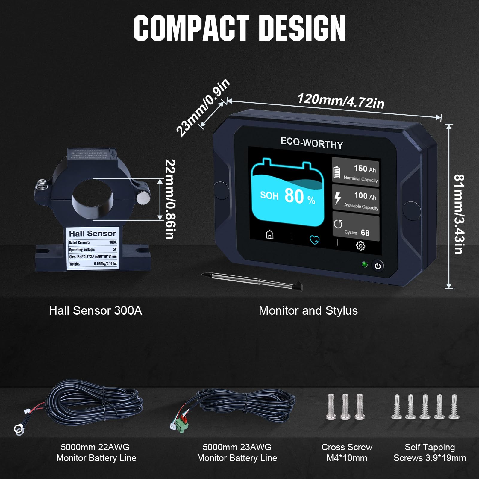 ECO-WORTHY Battery Monitor with Hall Sensor Touchable Display, 9-80V 300A Battery Monitor with Alarm, for Li-ion/LiFePO4/AGM/Gel Battery in Golf Cart/RV/Solar System