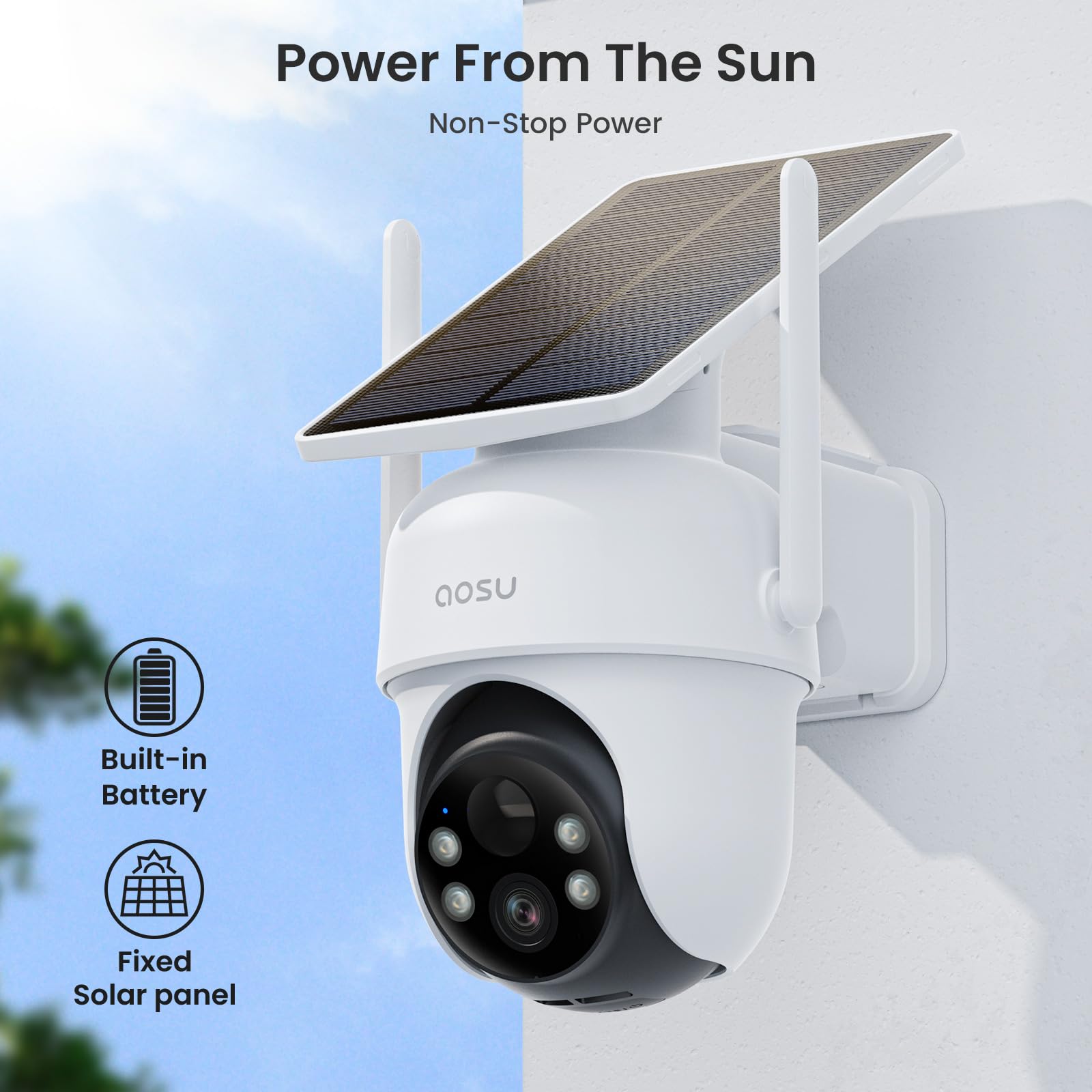 AOSU Security Cameras Outdoor Wireless, 2 Cam-Kit, No Subscription, Solar-Powered, Home Security Cameras System with 360° Pan & Tilt, Auto Tracking, 2K Color Night Vision, Easy Setup, 5G & 2.4G WiFi