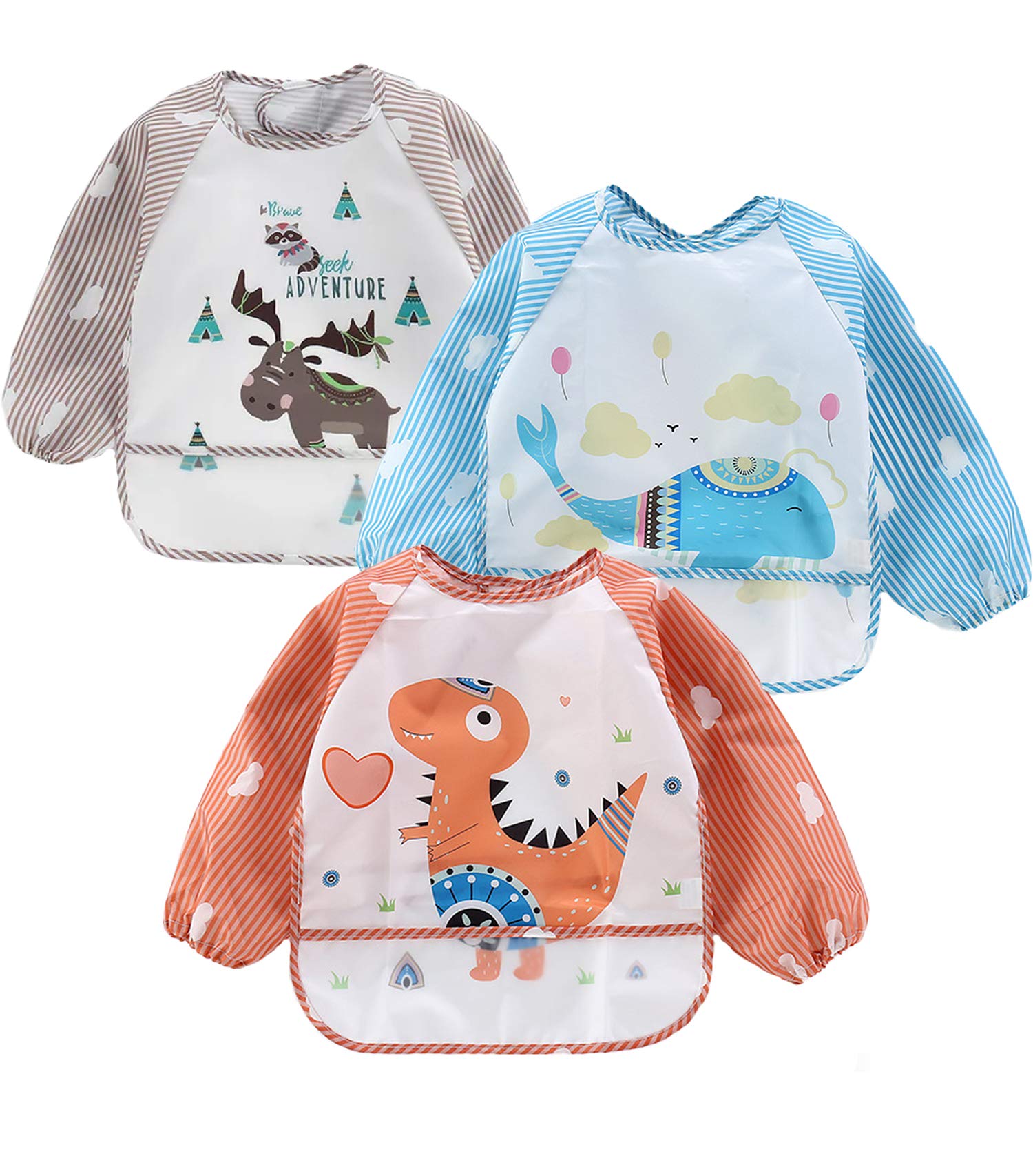 PandaEar (3 Pack Long Sleeve Bibs| Waterproof Full Sleeve Bib for Baby Infant Toddler 6-36 Months (Animal)