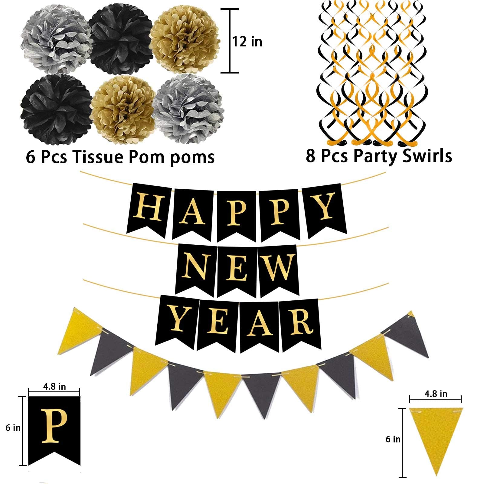 Black Happy New Year with Gold Black Paper Flag Bunting Swirl Streamers & Pom Poms for New year Party Decorations