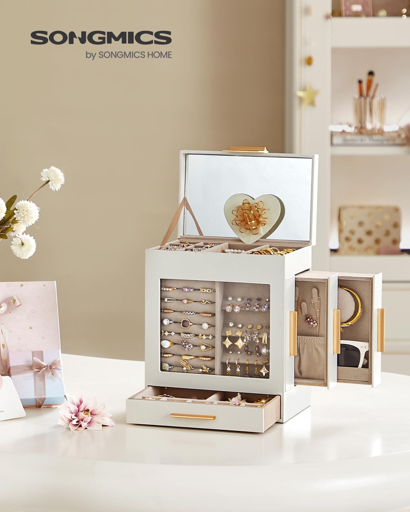 SONGMICS Jewelry Box with Glass Window, 5-Layer Jewelry Organizer with 3 Side Drawers, Jewelry Storage, with Big Mirror, Mother's Day Gifts, 5.1 x 7.9 x 9.7 Inches, Cloud White and Metallic Gold