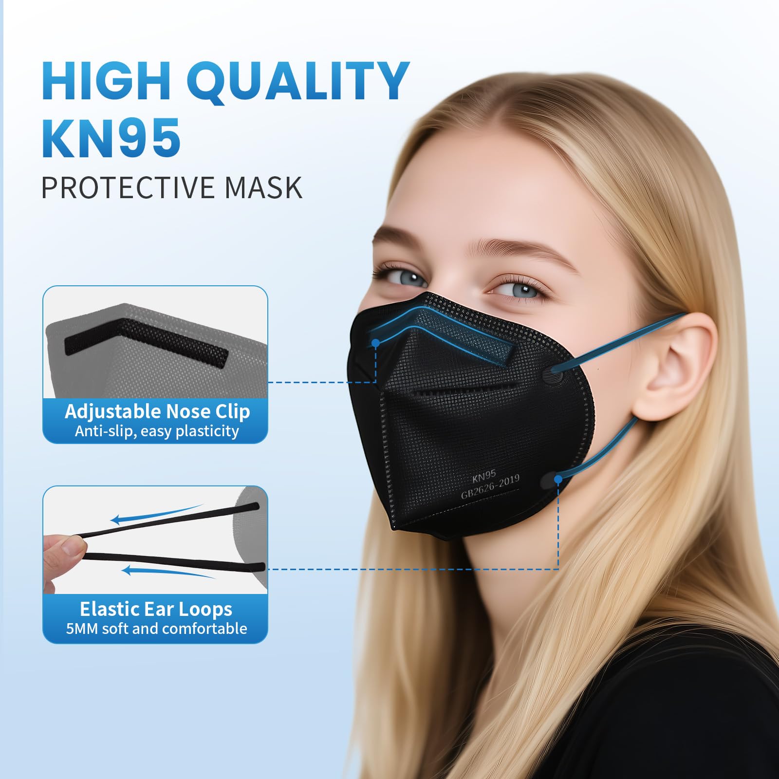 Borje KN95 Face Masks 50 Pcs, Individually Wrapped, 5-Ply Protection Black KN95 Mask, Disposable Face Masks for Adults