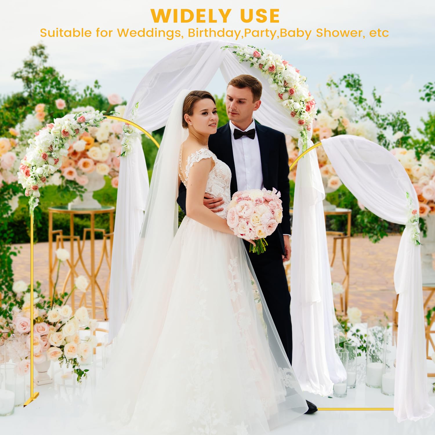 WEKASTON Metal Arch Backdrop Stand Wedding Arch Backdrop Frame Set of 3 (7.2FT, 6.6FT, 6FT) Gold Arch Stand Garden Floral Decoration Backdrop Stand for Wedding Ceremony Birthday Party Baby Shower