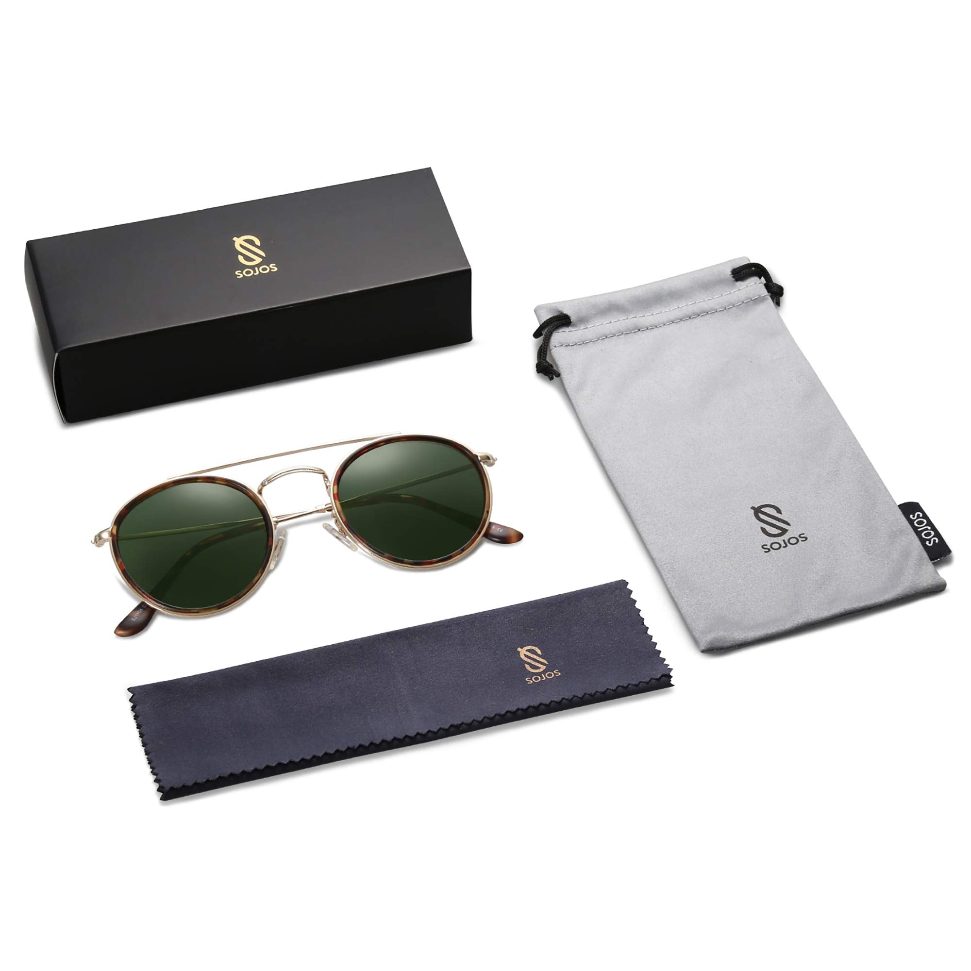 SOJOS Retro Vintage Round Polarized Sunglasses for Women Men Small Double Bridge Circle Sunnies SJ1104, Brown Tortoise/Green