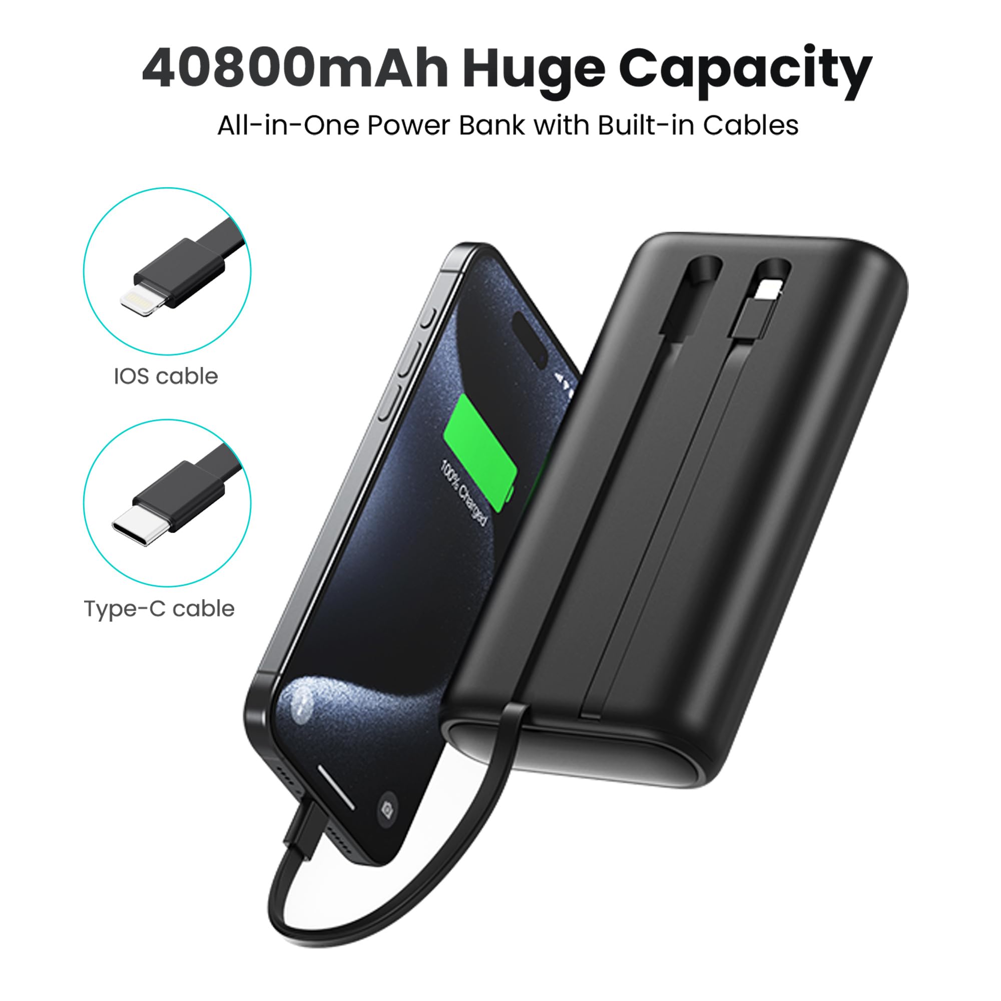 Portable Charger 40,800mAh Power Bank 25W Portable Battery Pack with 2 Built in Cables [2024 Upgraded], PD QC4.0 Fast Charging Portable Phone Charger Compatible with iPhone 16/15,Android Samsung-Black