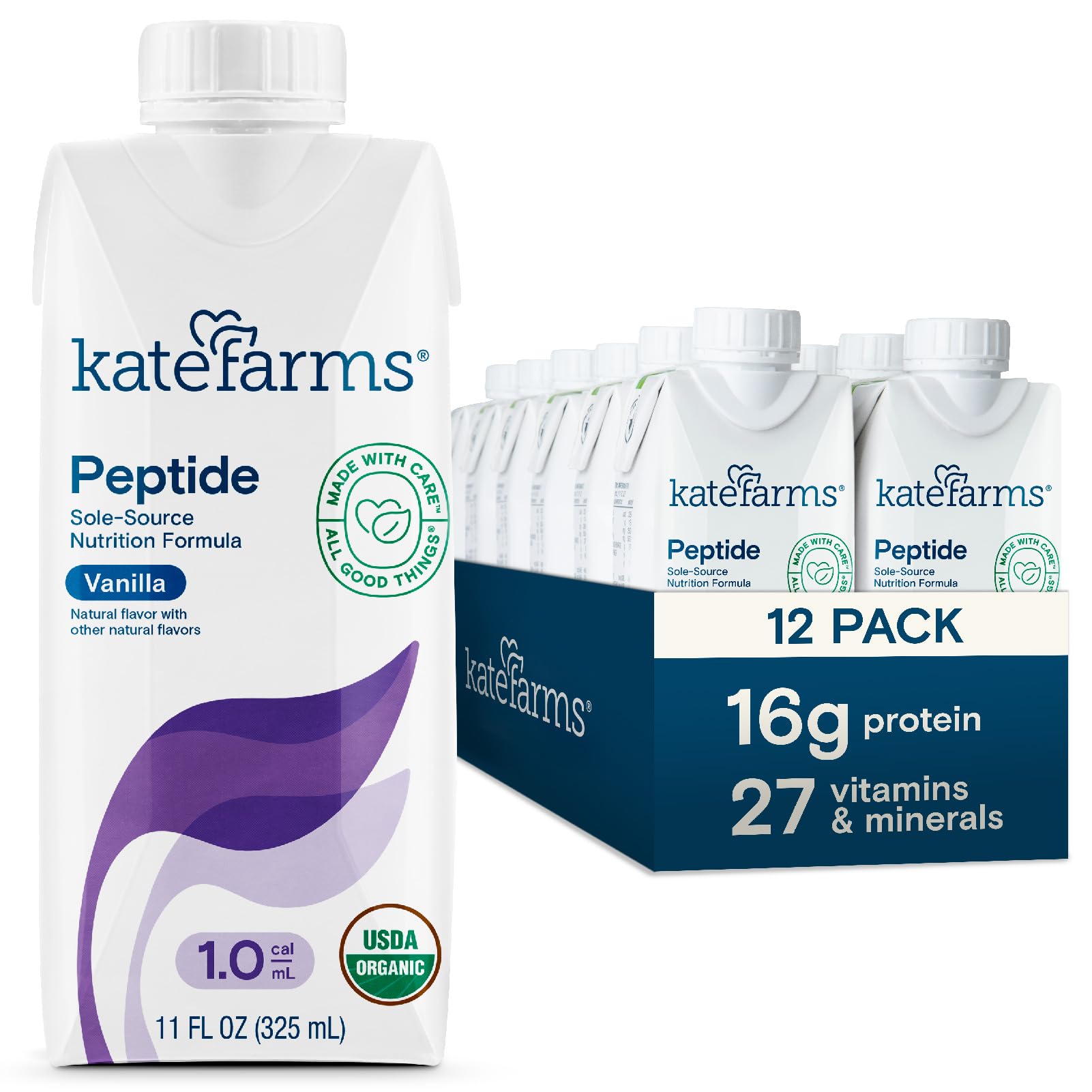 KATE FARMS Organic Adult Peptide 1.0 Formula, Vanilla, Sole-Source, Hydrolyzed Plant-Based Nutrition for Oral or Tube Feeding, 11 Fl oz (12 Pack)