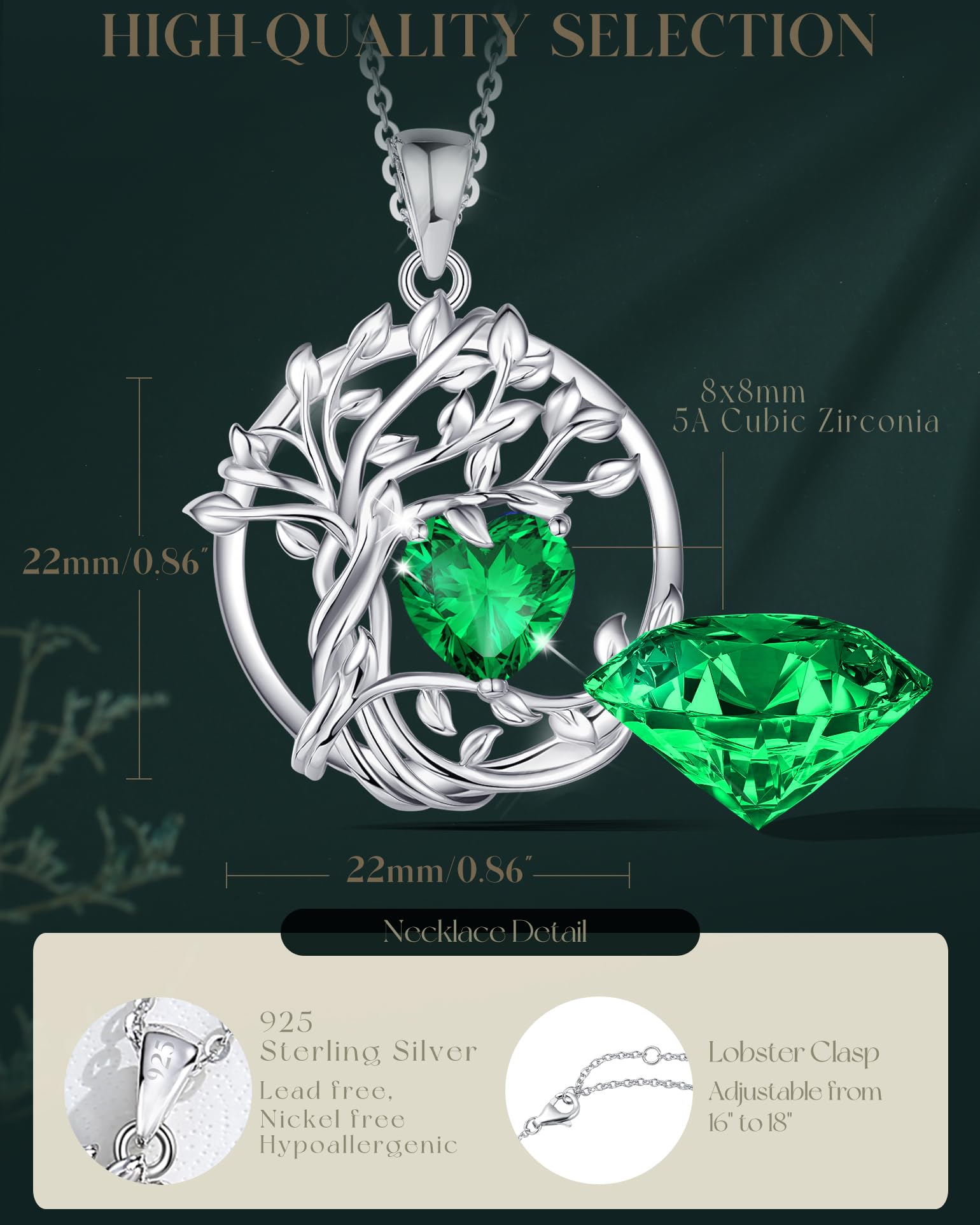 FANCIME Tree of life Birthstone Necklace for Women Sterling Silver Tree Jewelry Emerald Pendant May Birthday Green Gemstone Anniversary Christmas Gifts for Girlfriend Wife Mom Her