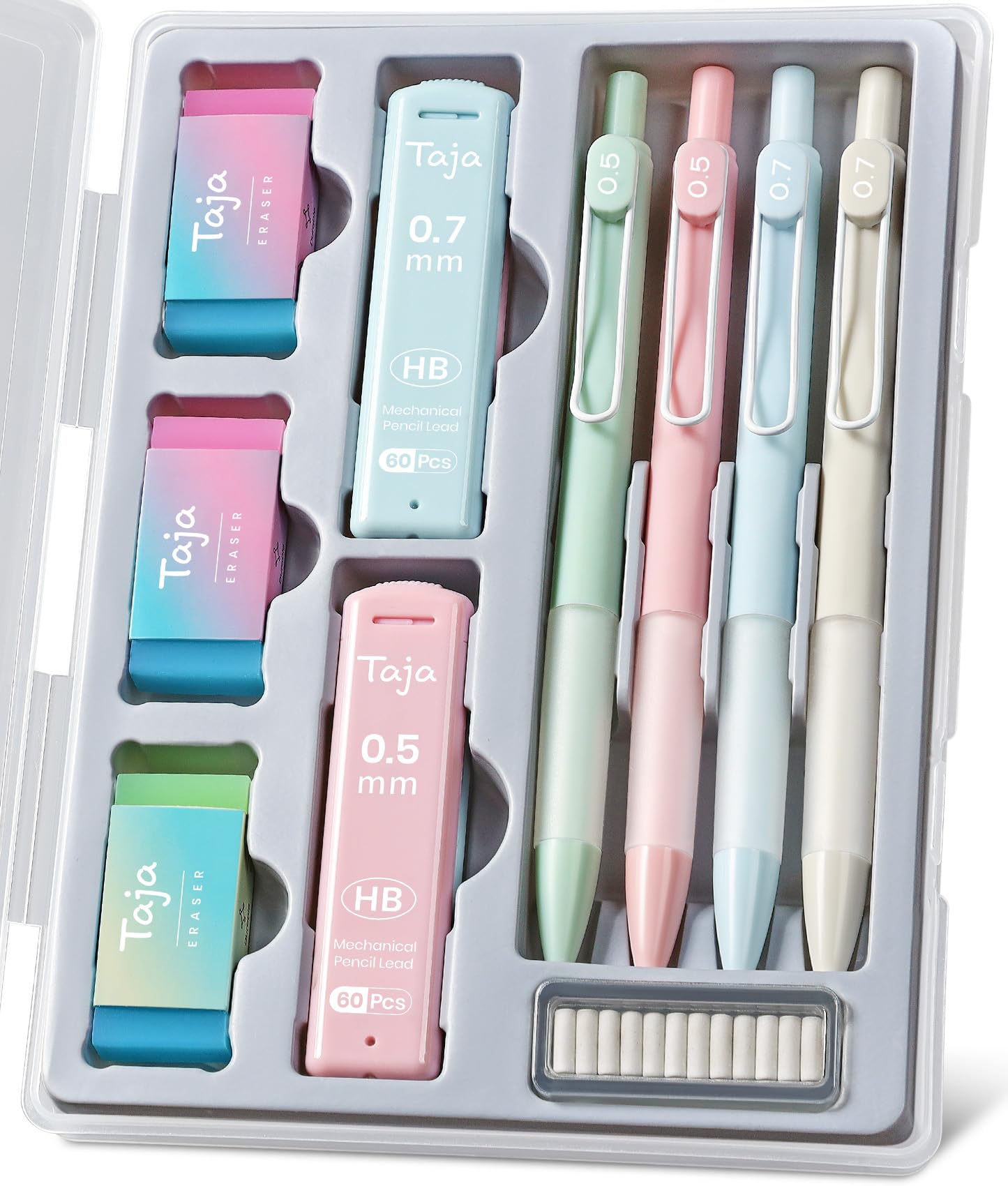 Cute Mechanical Pencil Set, 4 Pcs Pastel Mechanical Pencils 0.7 & 0.5mm with 4 Tube Leads 3 Erases & 12 Eraser Refills, Aesthetic pencils for Girl Boy, Back to School Supplies-Pastel