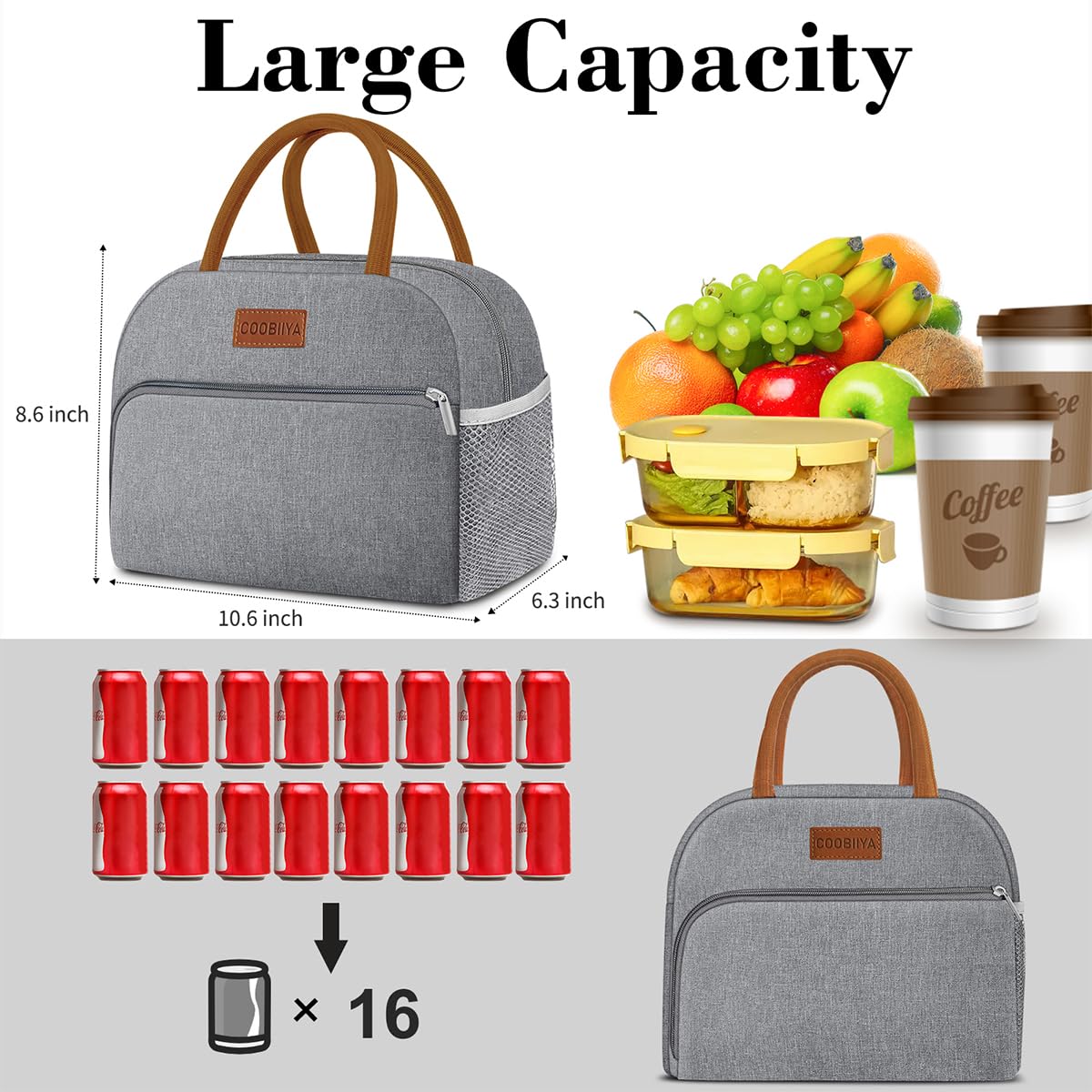 Coobiiya Lunch box for Women/Men/Adult, Lunch Box Lunch Bag Women, Small Leakproof Cute Lunch Tote Large Capacity Reusable Insulated Cooler Lunch Container for Work/Office/Picnic/Beach-Grey