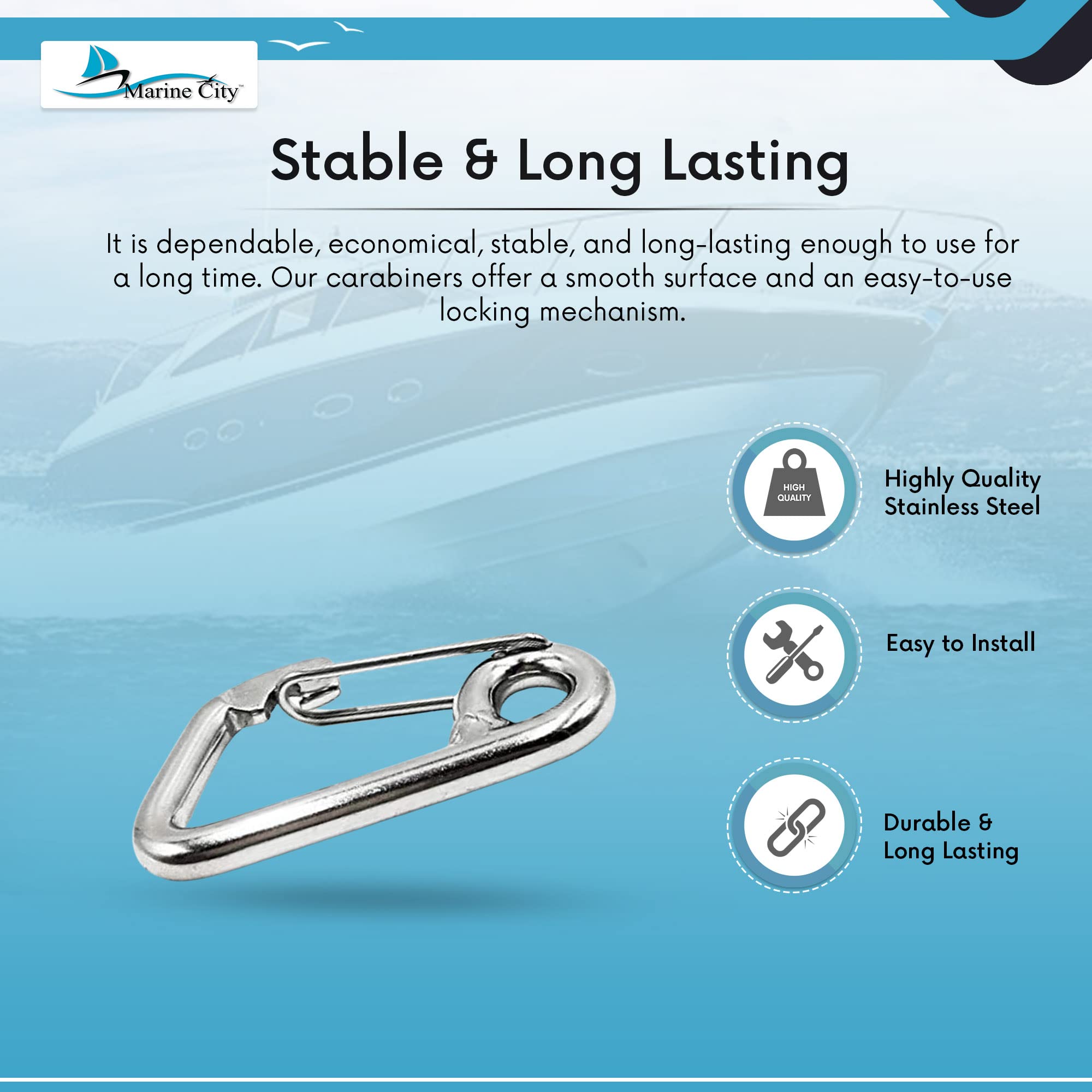 MARINE CITY 316 Grade Stainless Steel Carabiner Spring Snap Hook with Ring 2 Inches for Climbing – Fishing – Hiking (Pack of 1)