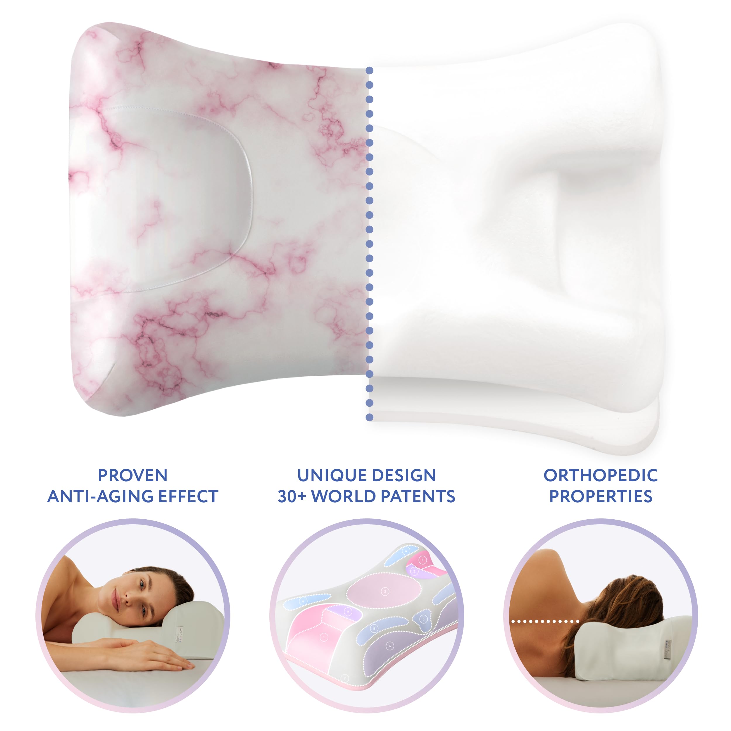 SLEEP & GLOW Omnia Premium Silk Anti-Aging Beauty Pillow Fights Sleep Wrinkles with Orthopedic Height Adjustable Memory Foam for Sleeping on Back and Side (Made in Italy) + Pink Marble Silk Pillowcase