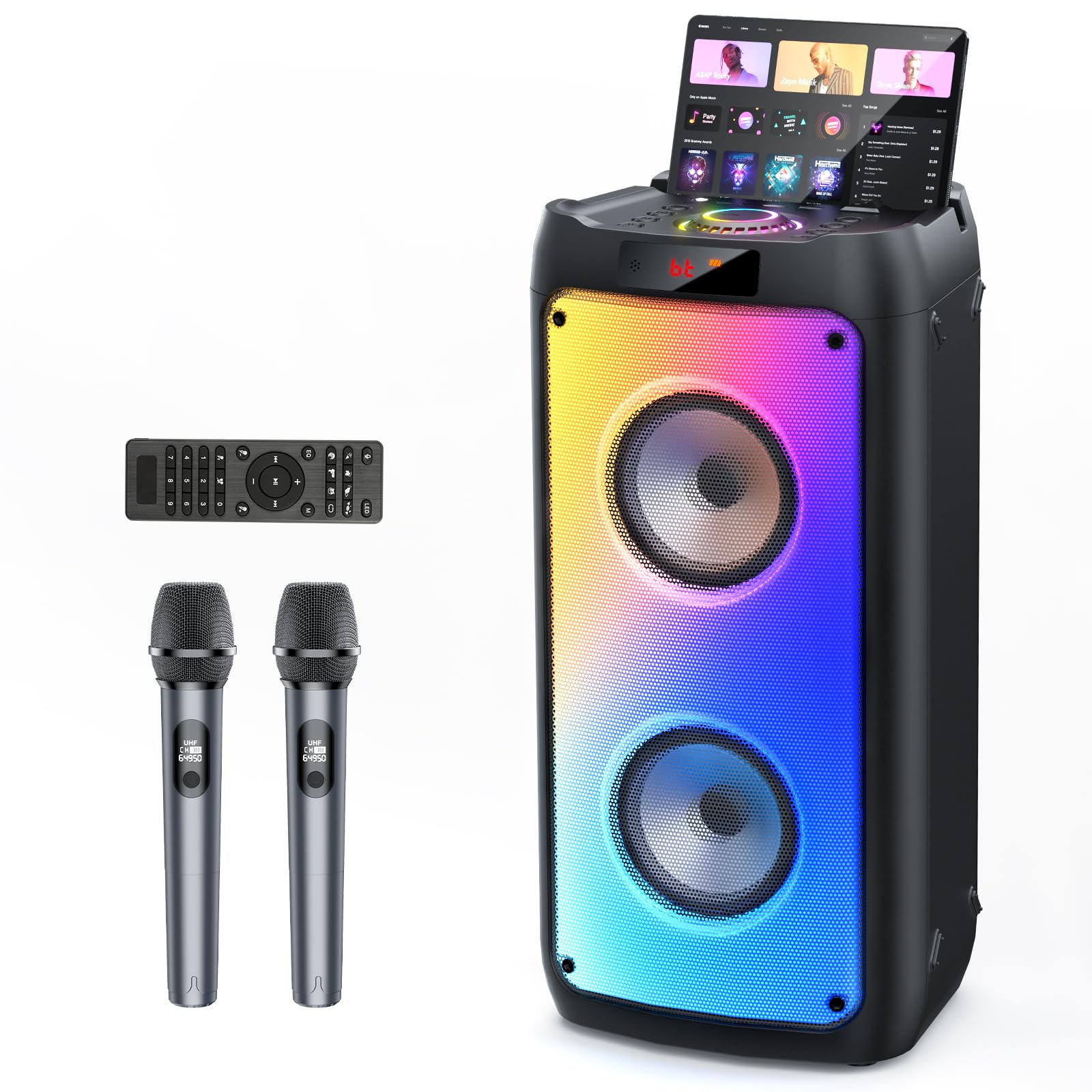 HWWR Karaoke Machine with 2 Wireless Microphones, Portable Bluetooth Speaker for Adults & Kids, Big Party PA System with Disco Lights for Gatherings, Stage Monitors, The Best Gifts for All
