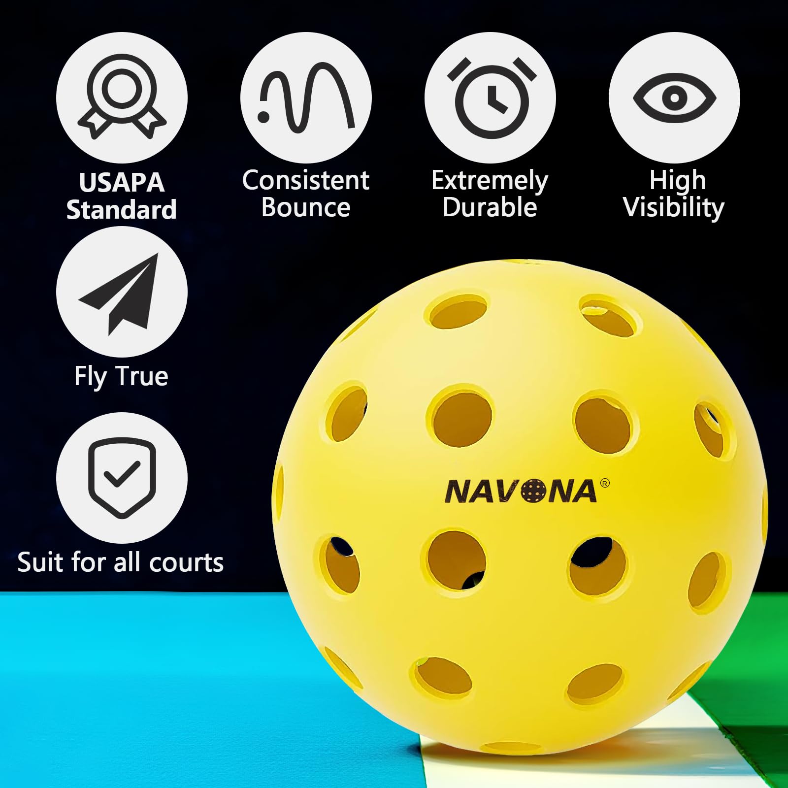 Navona 12 Pack Premium 40-Holes Yellow Outdoor Pickleball Balls, Meet USAPA Official Requirement, Perfectly Balanced, High Bounce True Flight, Durable Outdoor Pickleball Set