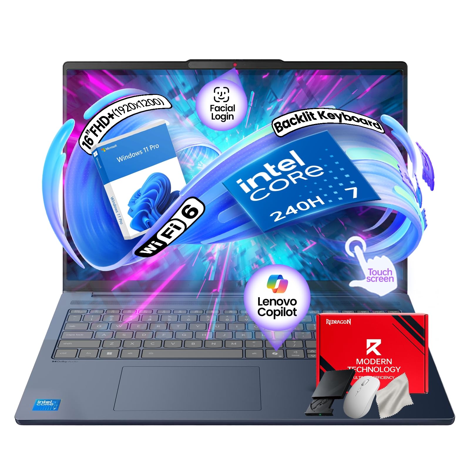 Lenovo IdeaPad Copilot+ Business Laptop - 16" FHD+ Touchscreen - Intel 10-Core 7 240H(Beat Ultra 7 255U) - Facial Login IR Cam - Backlit KB - Win 11 Pro - Redrgon Bundle (32GB DDR5 | 1TB SSD)