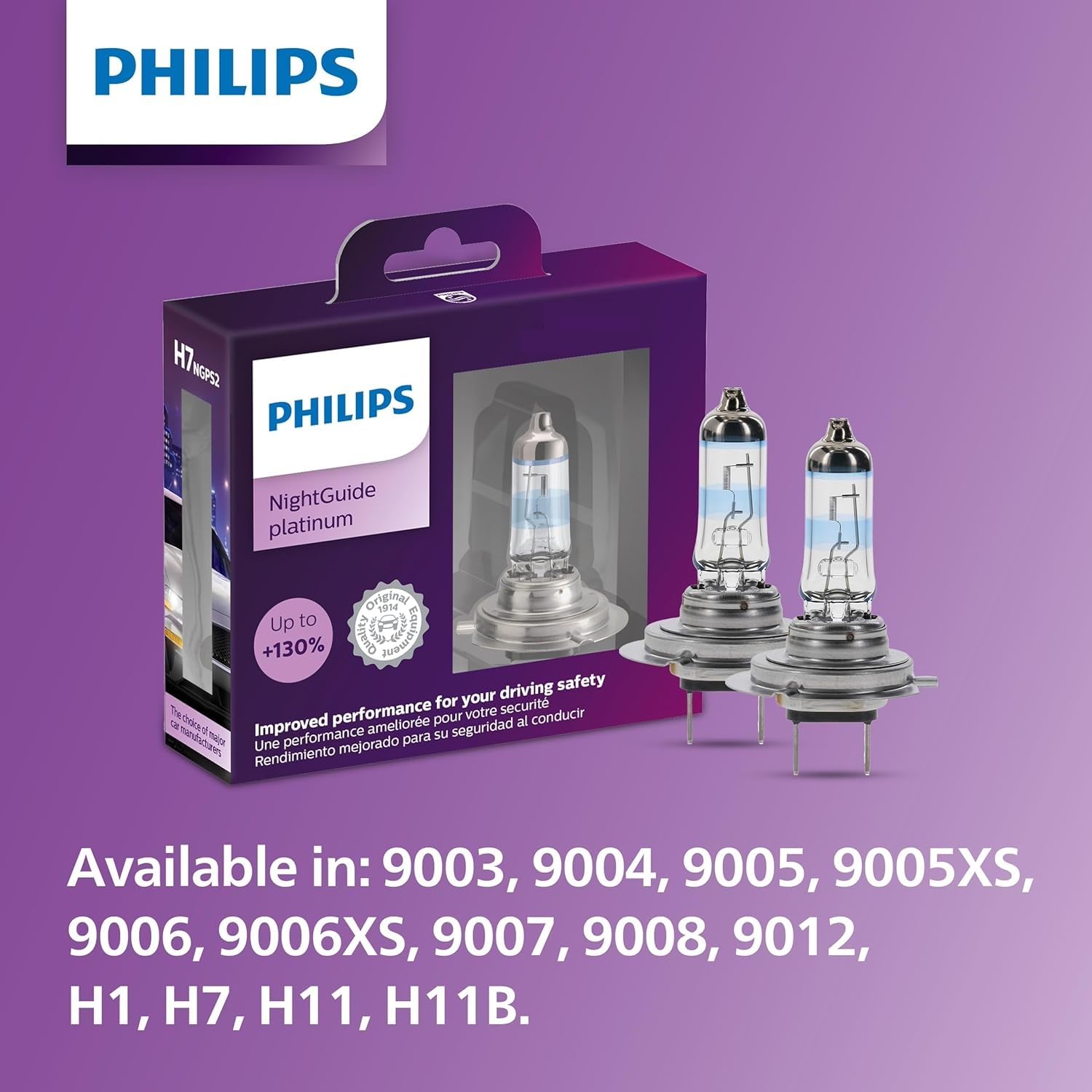 Philips Automotive Lighting H7 NightGuide Platinum Premium Upgrade Automotive Replacement Headlight Bulb, Fits Select High Beam, Low Beam, and Fog Positions (Pack of 2)