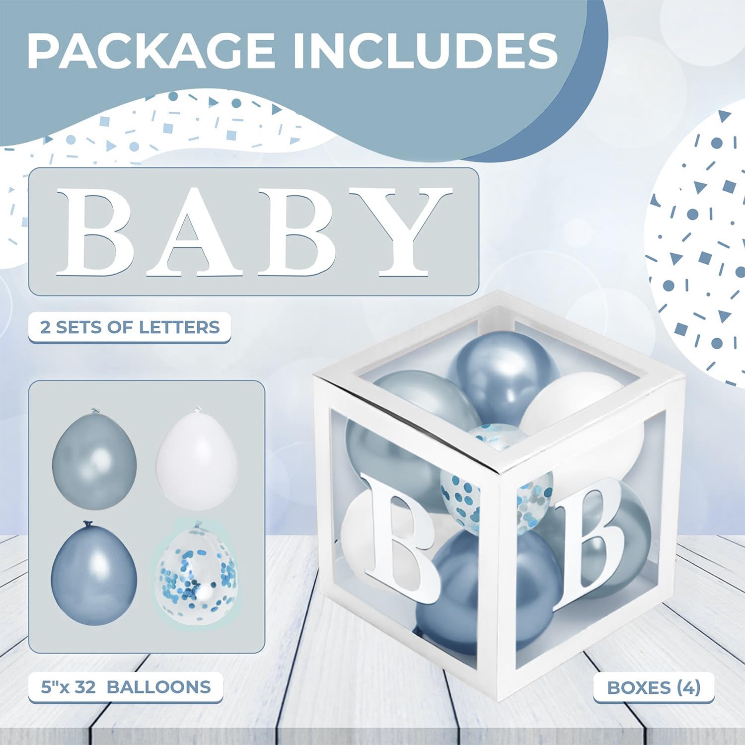 Balloon Garland Arch Kit – 146 Pcs Dusty Blue, White, Light Blue & Confetti Balloons & Baby Shower Boxes with Letters – White Boxes with White, Dusty Blue, Light Blue and Confetti Balloons