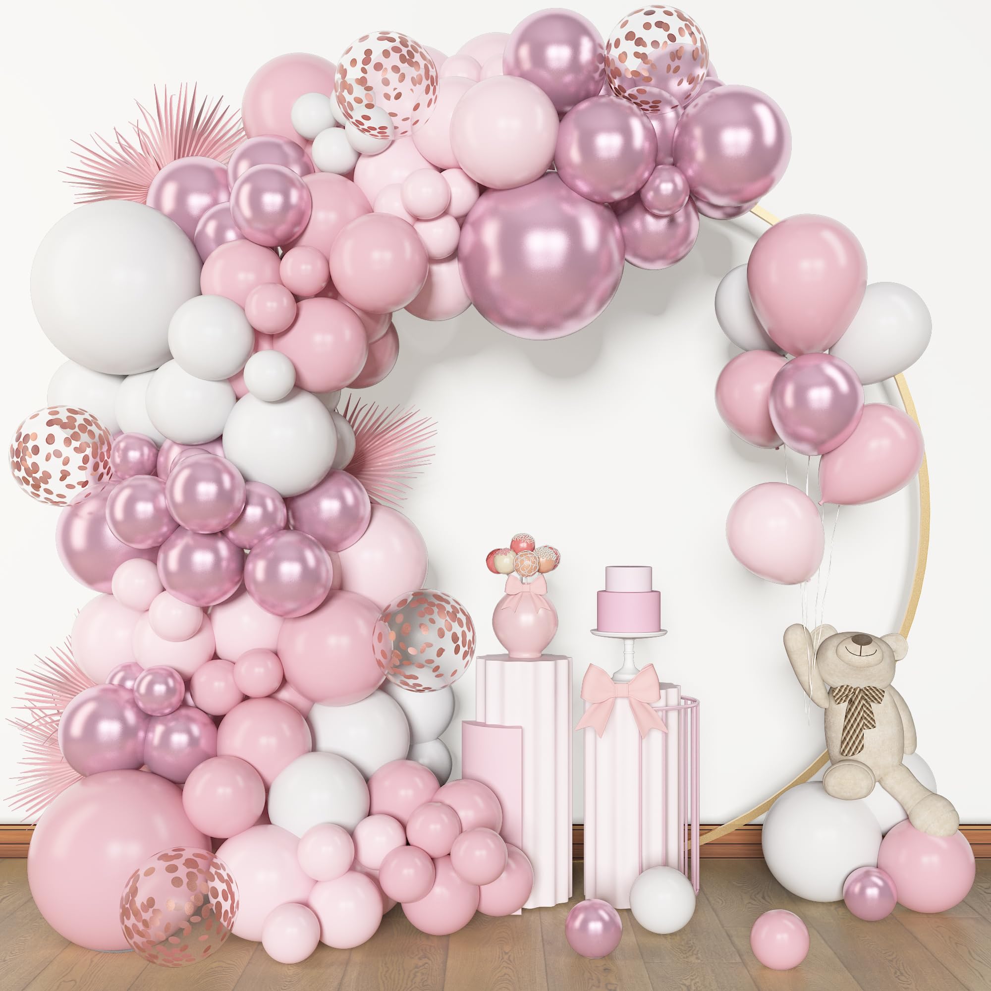 Amandir 153pcs Pink White Balloons Arch Garland Kit, Different Sizes 18 12 10 5inch Pastel Light Latex Metallic Confetti Pink Balloons for Baby Shower Wedding Bow Coquette Birthday Party Decorations