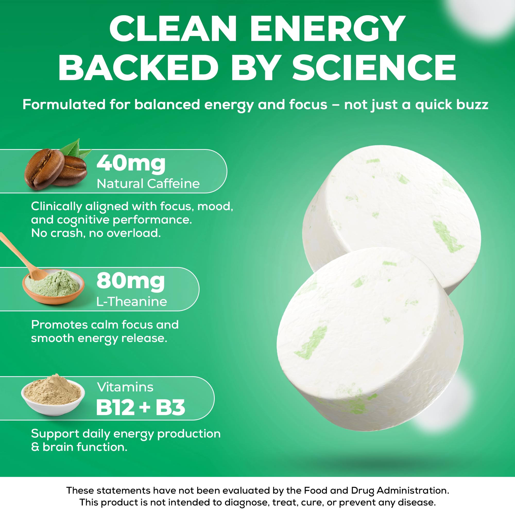 UPLIFE Energy and Focus Mint 60 Pcs – Made in USA - Peppermint – Natural Caffeine Mint Coffee Alternative - Organic Mint with 40mg Caffeine + 80mg L-Theanine + B3 & B12 - Suger Free, Non GMO