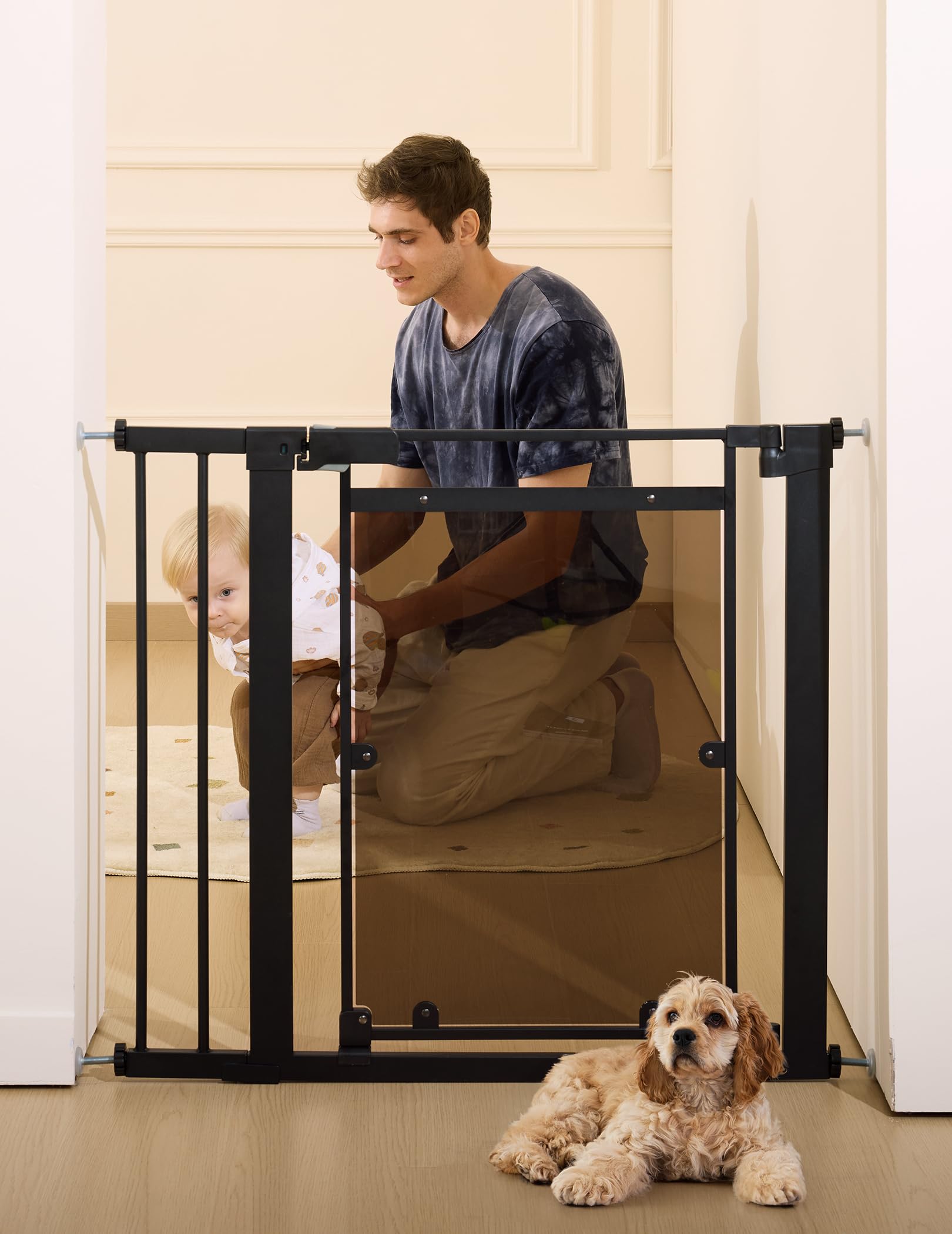 Babelio Clear Baby Gate, 29"-40" Baby Gate for doorways, Auto Close Dog Gate, Modern Acrylic Clear, Elegance Meet Safety, Pressure Mounted Child Gate, Black