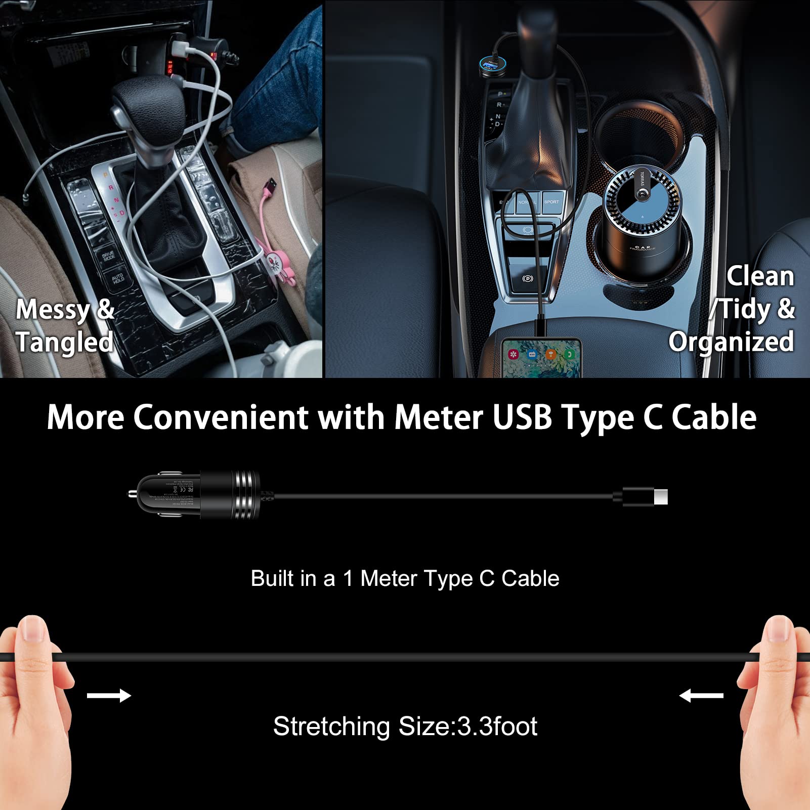 Samsung S24 Ultra Car Charger 48W USB C Cord Fast Charging for Galaxy S24 Plus A16 5G A15 A35 A55 A25 S23 FE S22 S21 A54 iPhone 16 Pro,Dual Port Car Plug Android Charger Phone Adapter 3FT USB-C Cable