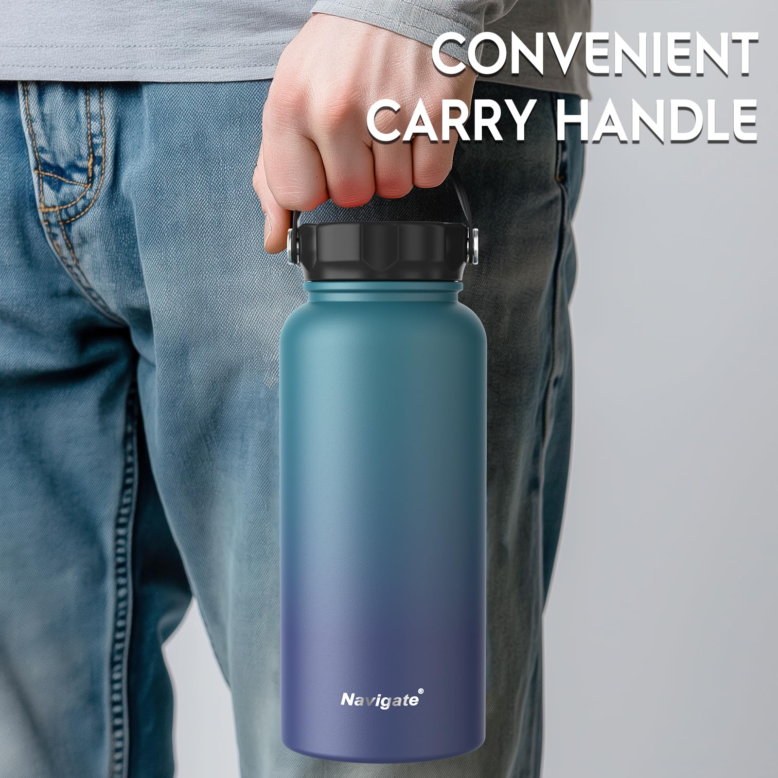 Navigate Insulated Water Bottle, 32 oz Stainless Steel Sports Water Flask with Spout & Handle Lids,Wide Mouth Water Jug with Double Walled Leak Proof Keep Cold for 24 Hrs Hot for 12 Hrs, Blue Gradient