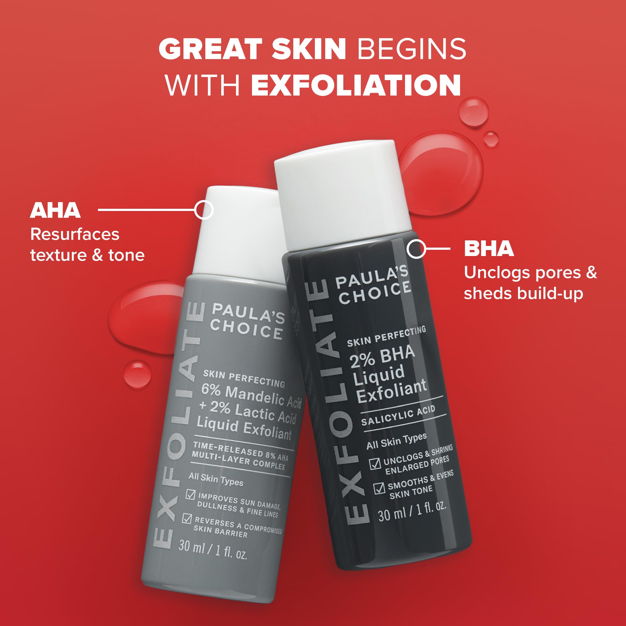 Paula's Choice Exfoliation Kit, 2% BHA Liquid & 6% Mandelic Lactic Acid AHA Exfoliants, for Clogged & Enlarged Pores, Rough & Bumpy Texture and Uneven Tone, Travel-Size Duo, Fragrance-Free, Set of 2