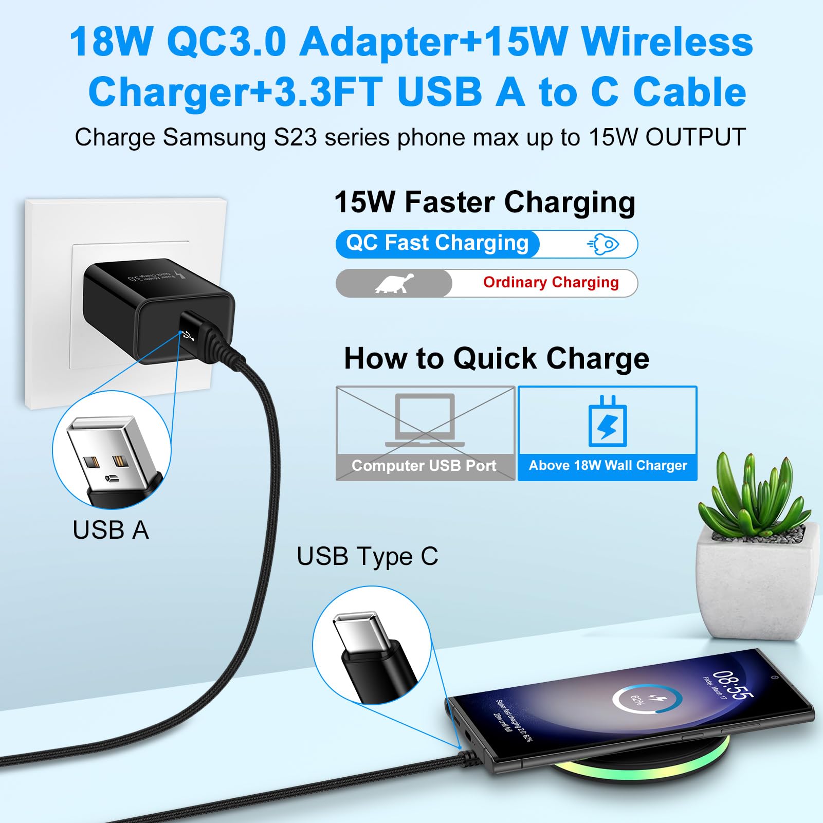 15W Samsung Wireless Charger with Fast QC 3.0 Wall Adapter for Galaxy S24 S23 Ultra S22 S21 FE S20 Z Fold 5 Flip 5 4,Motorola Moto Edge 2022 Edge+ Razr 2023 G Power 2024,Phone Station Charging Pad