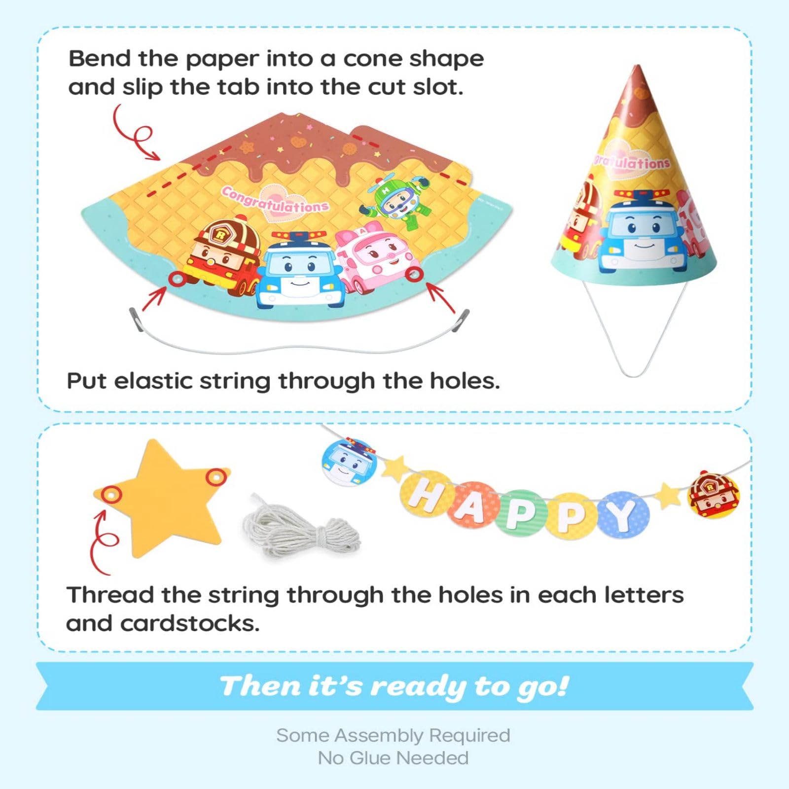 Robocar Poli, Birthday Party Supplies [2-PACK] Happy Birthday Banner Garland, Cake Cupcake Toppers, Cone Hats Set for Boy Girl Kids Party Decorations