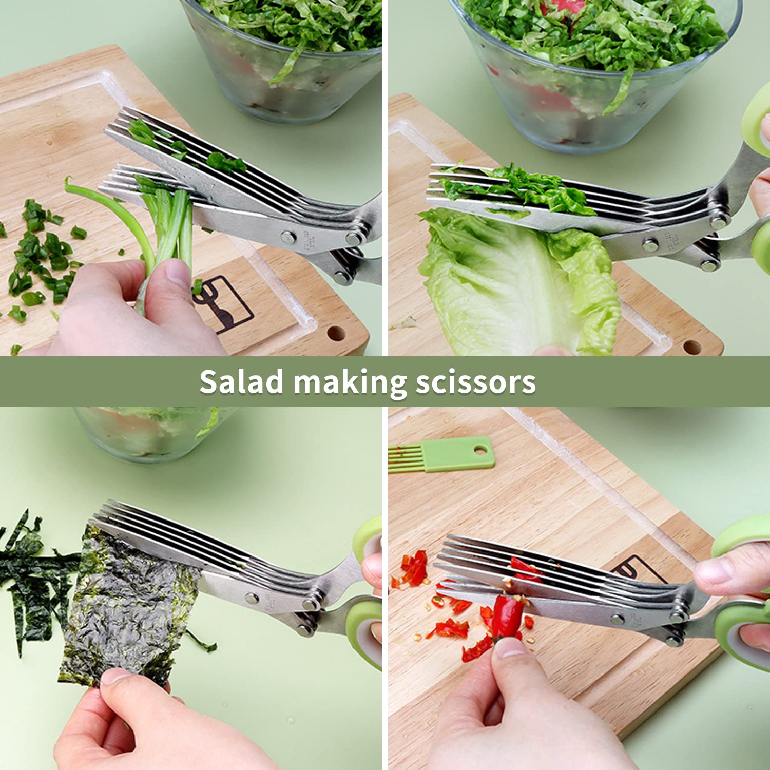 AWinjoy Herb Scissors Set,Multipurpose 5 Blade Kitchen Herb Cutter with Safety Cover and Cleaning Comb for Cutting Shredded Lettuce, Cilantro Fresh, Green Onion Fresh and etc.